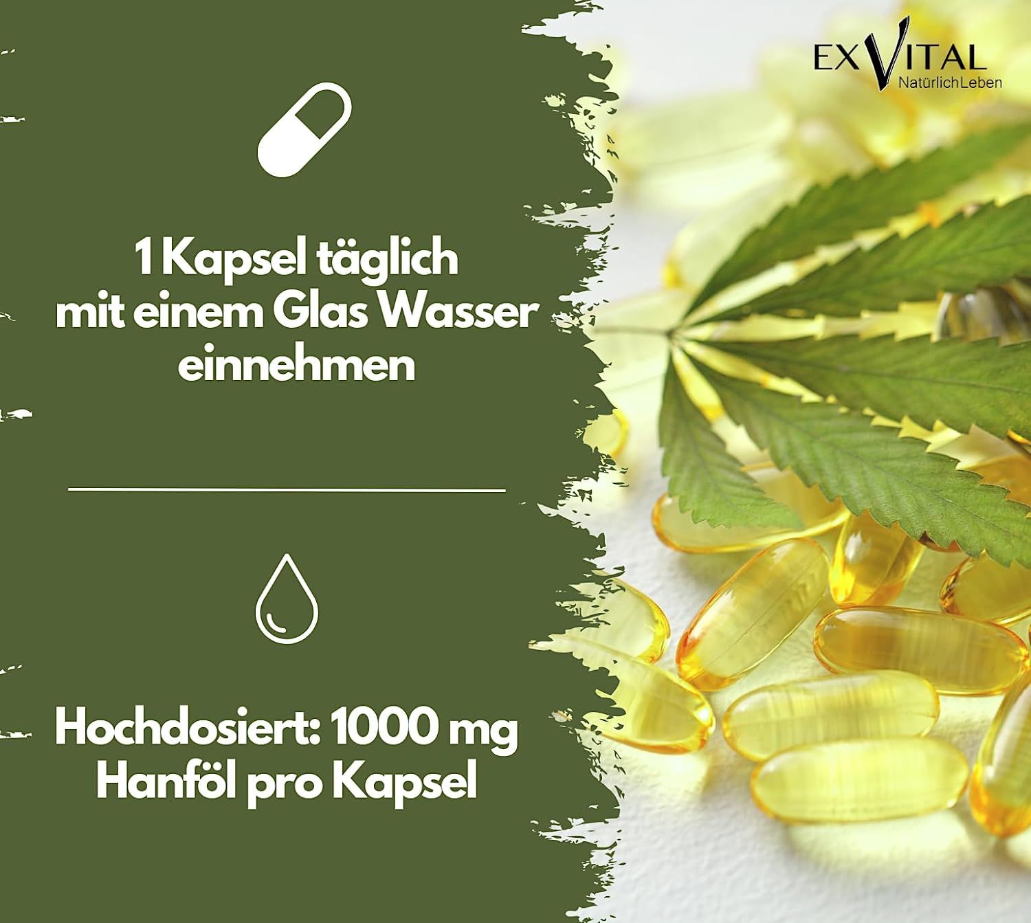 EXVital® Hanföl Kapseln hochdosiert mit 1000mg Hanfsamenöl, Omega 3 und Omega 6