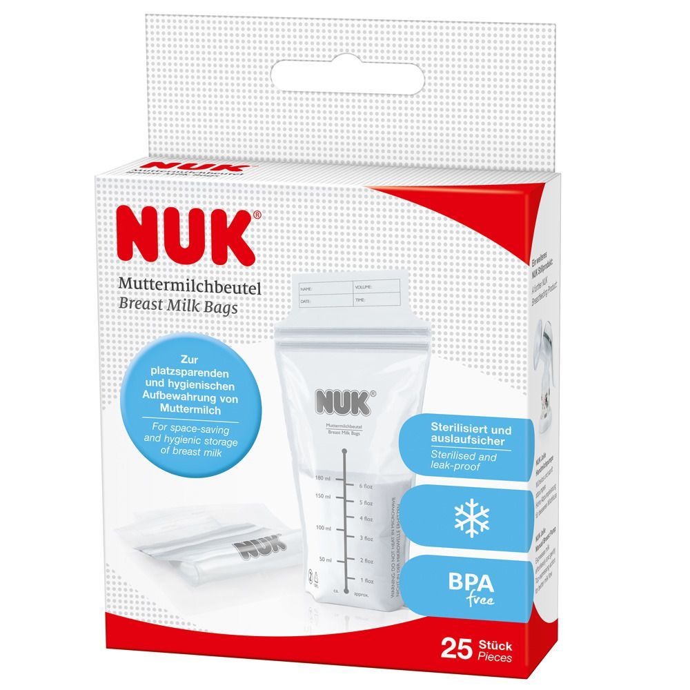 Verpackung mit NUK Muttermilchbeuteln. Aufdrucke: NUK, Muttermilchbeutel, BPA-frei, 25 Stück. Beutel mit Messskala.