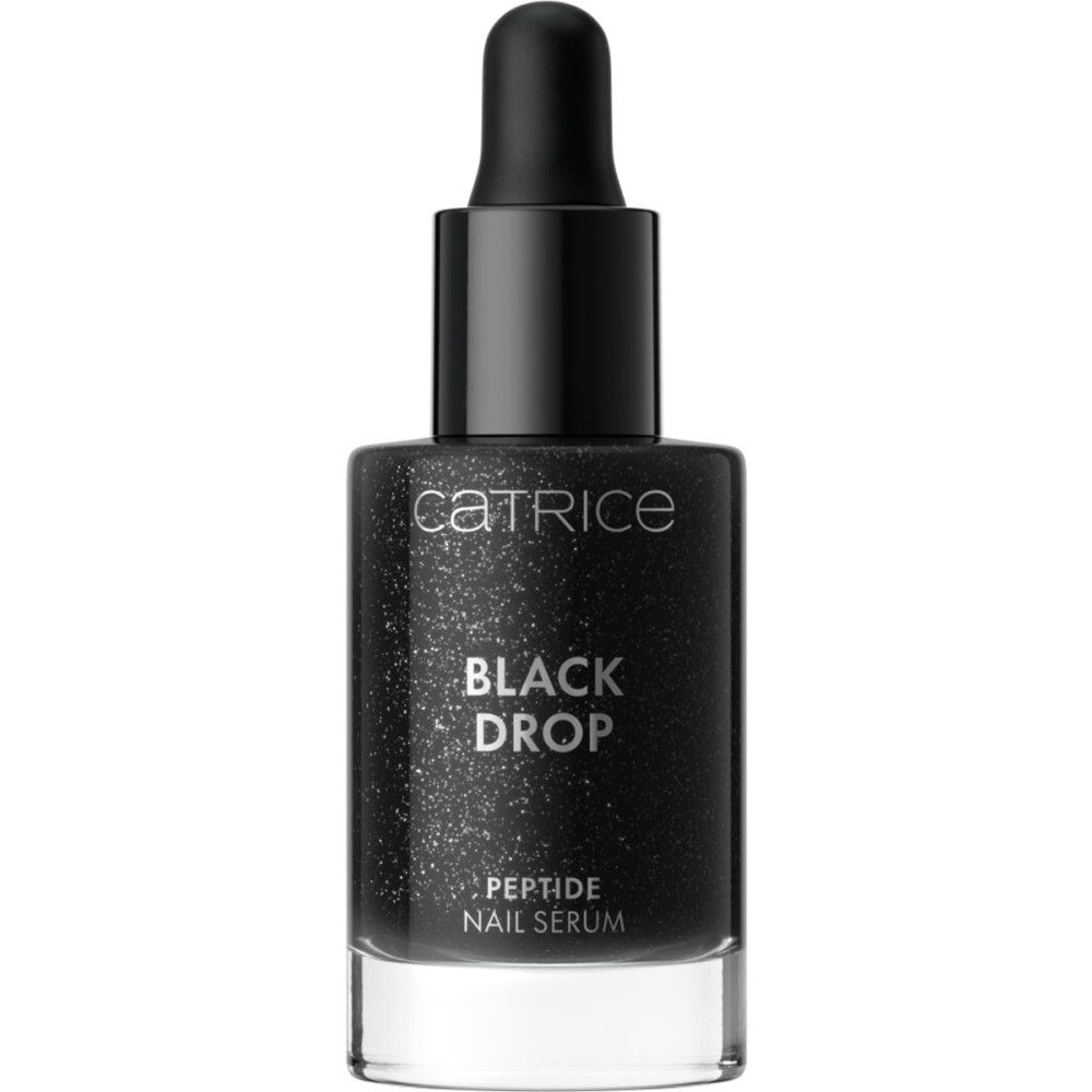 Schwarze Flasche mit schwarzem Deckel und Pipette. Aufschrift: Catrice, Black Drop, Peptide Nail Serum.