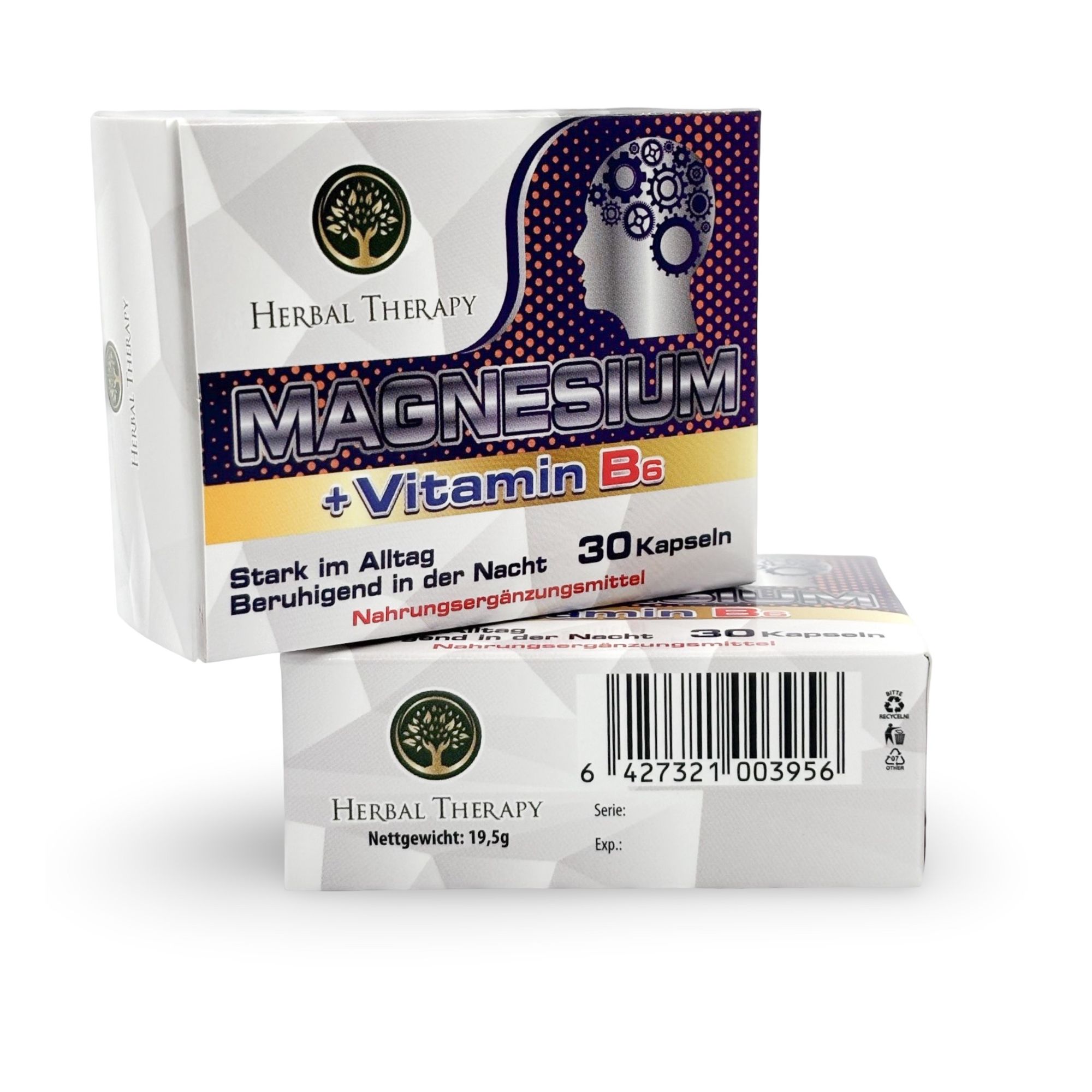 Zwei Verpackungen Herbal Therapy Magnesium + Vitamin B6. 30 Kapseln. Logo, Text in Deutsch. Barcode und Nettogewicht 19,5g.