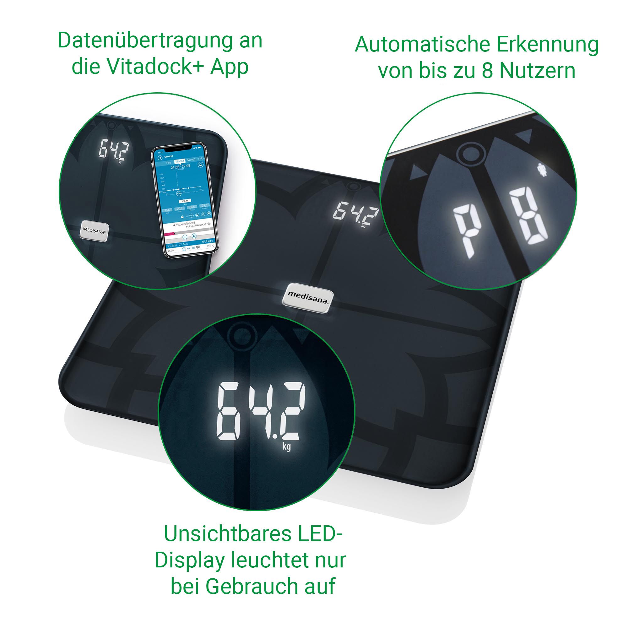 Körperanalysewaage mit Anzeige von Gewicht, Nutzererkennung und App-Datenübertragung.