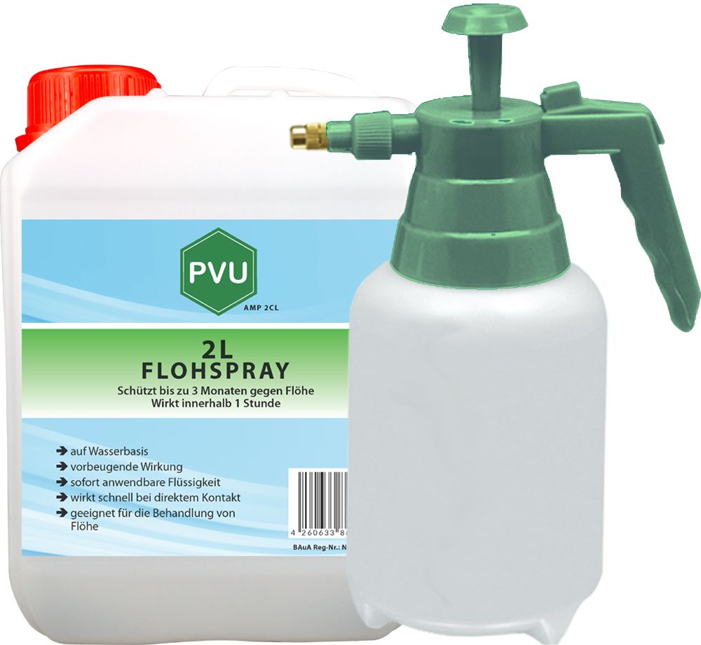 Weißer Behälter und Sprühflasche. Aufschrift: 2L Flohspray. Grüne und weiße Verpackung. Text: Schützt bis zu 3 Monaten gegen Flöhe.