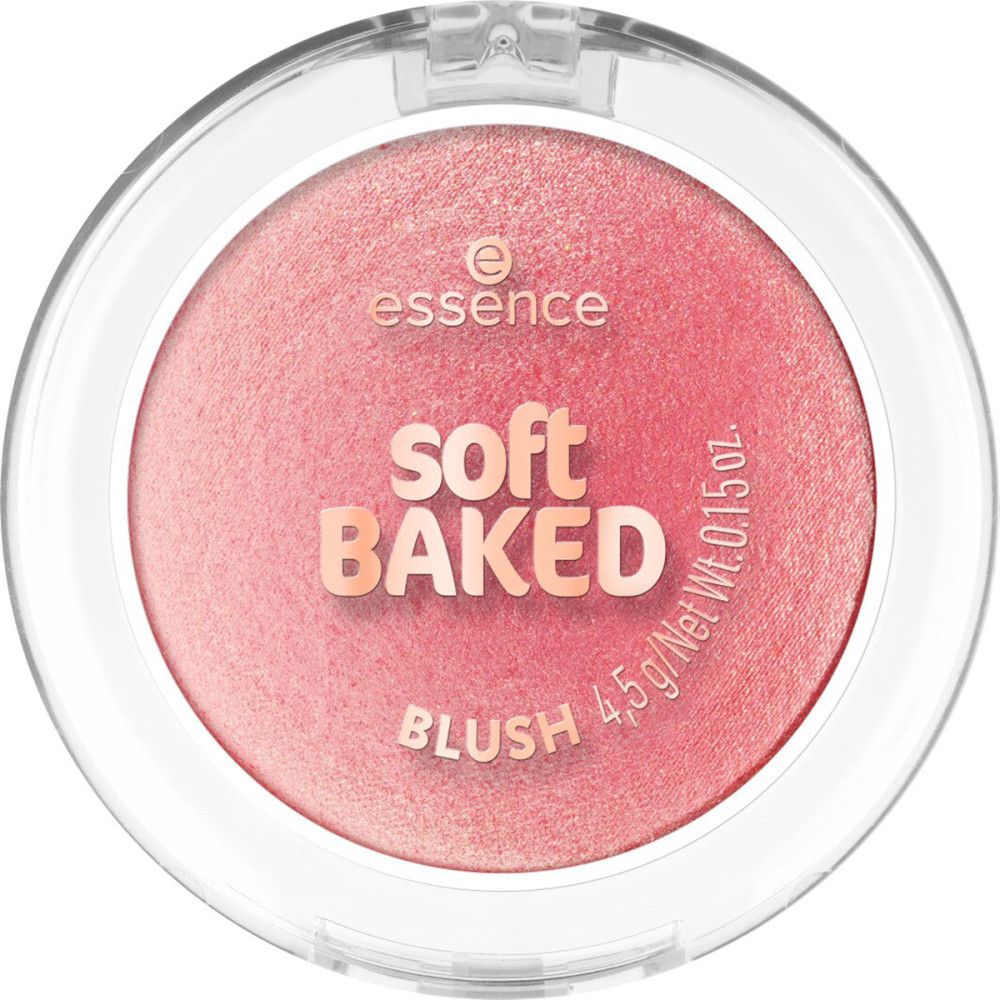 Runder, rosafarbener Rouge-Puder in transparenter Dose. Aufschrift: Essence, Soft Baked Blush.
