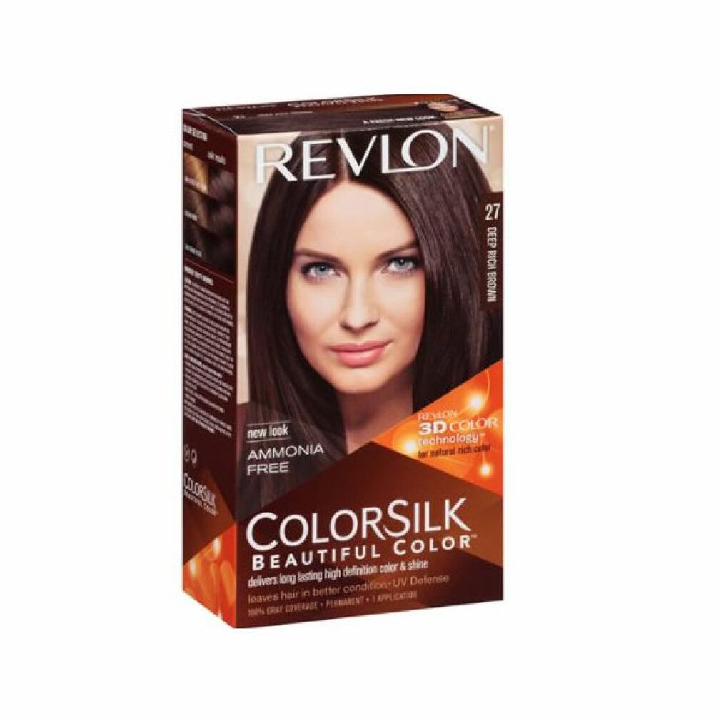 Haarfärbemittel-Verpackung. Revlon Colorsilk, Farbton 27 Deep Rich Brown. Frau mit braunem Haar. Text: Ohne Ammoniak, 3D Color Technology.