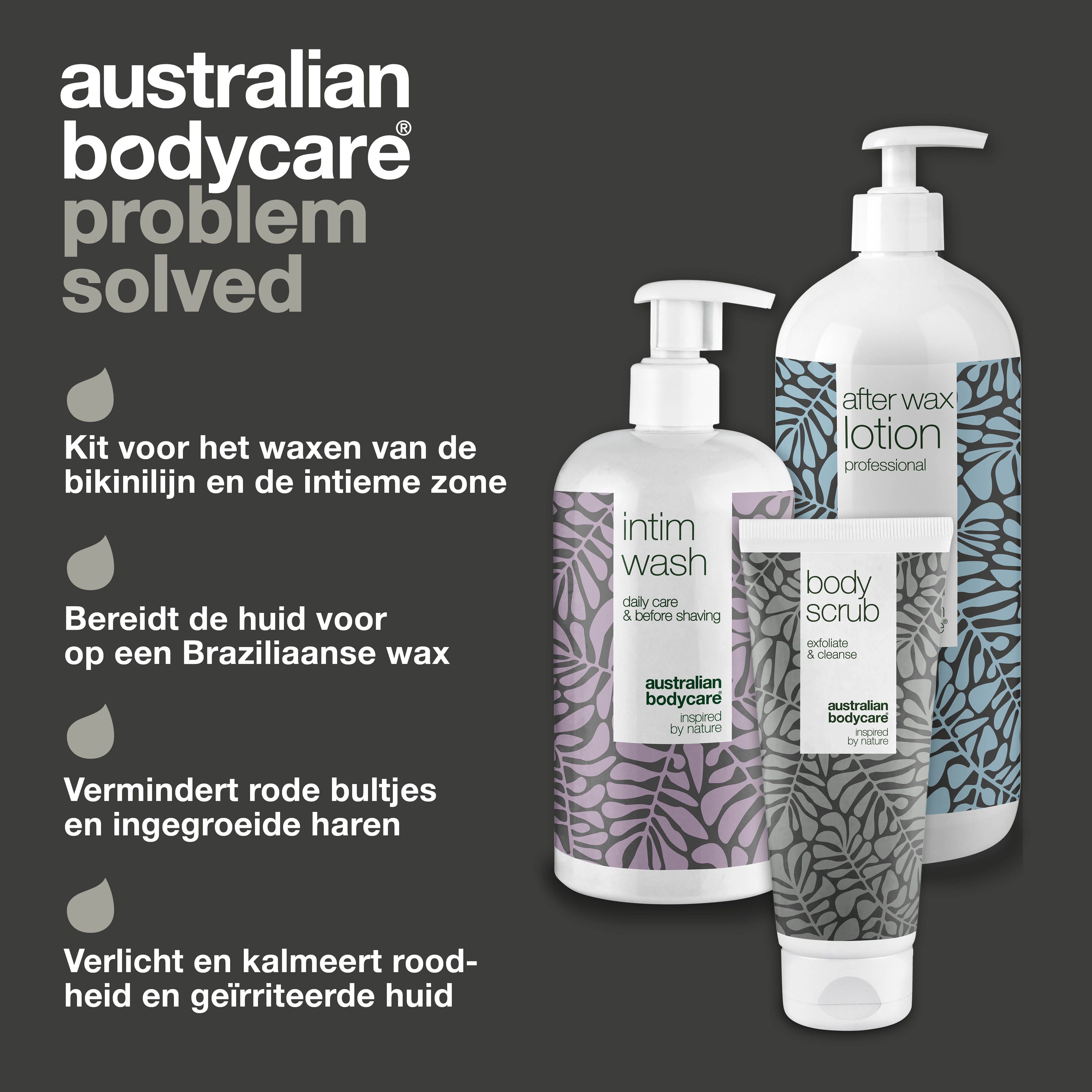 Drie producten: Intim Wash, After Wax Lotion, Body Scrub. Tekst: Australian Bodycare. Tekst: Probleem opgelost.