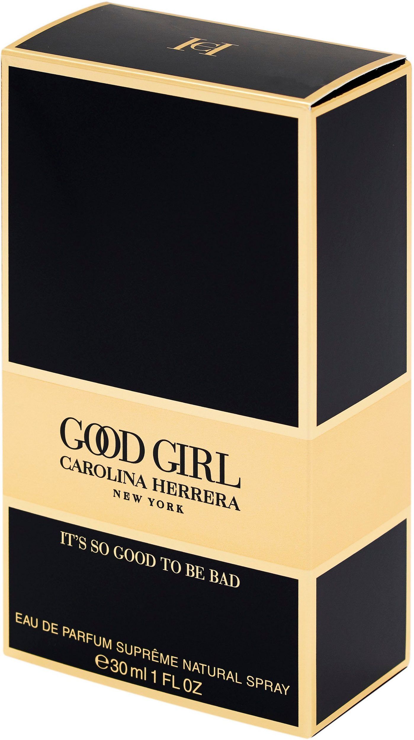 Schwarze Verpackung mit goldenen Akzenten. Aufschrift: Good Girl, Carolina Herrera, It's so good to be bad. 30ml.