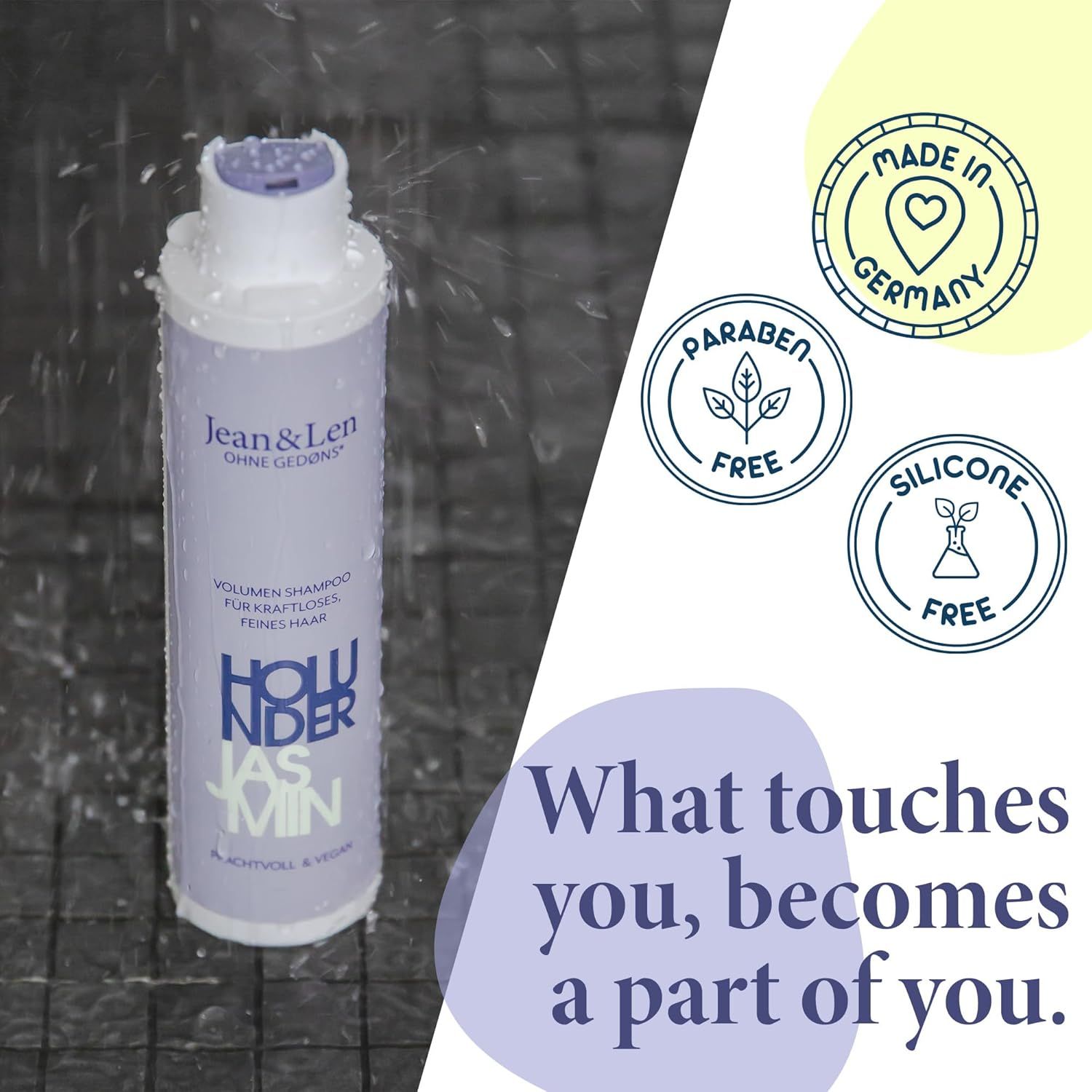 Flasche Jean & Len Volumen Shampoo Holunder & Jasmin. Siegel: Made in Germany, Paraben Free, Silicone Free.