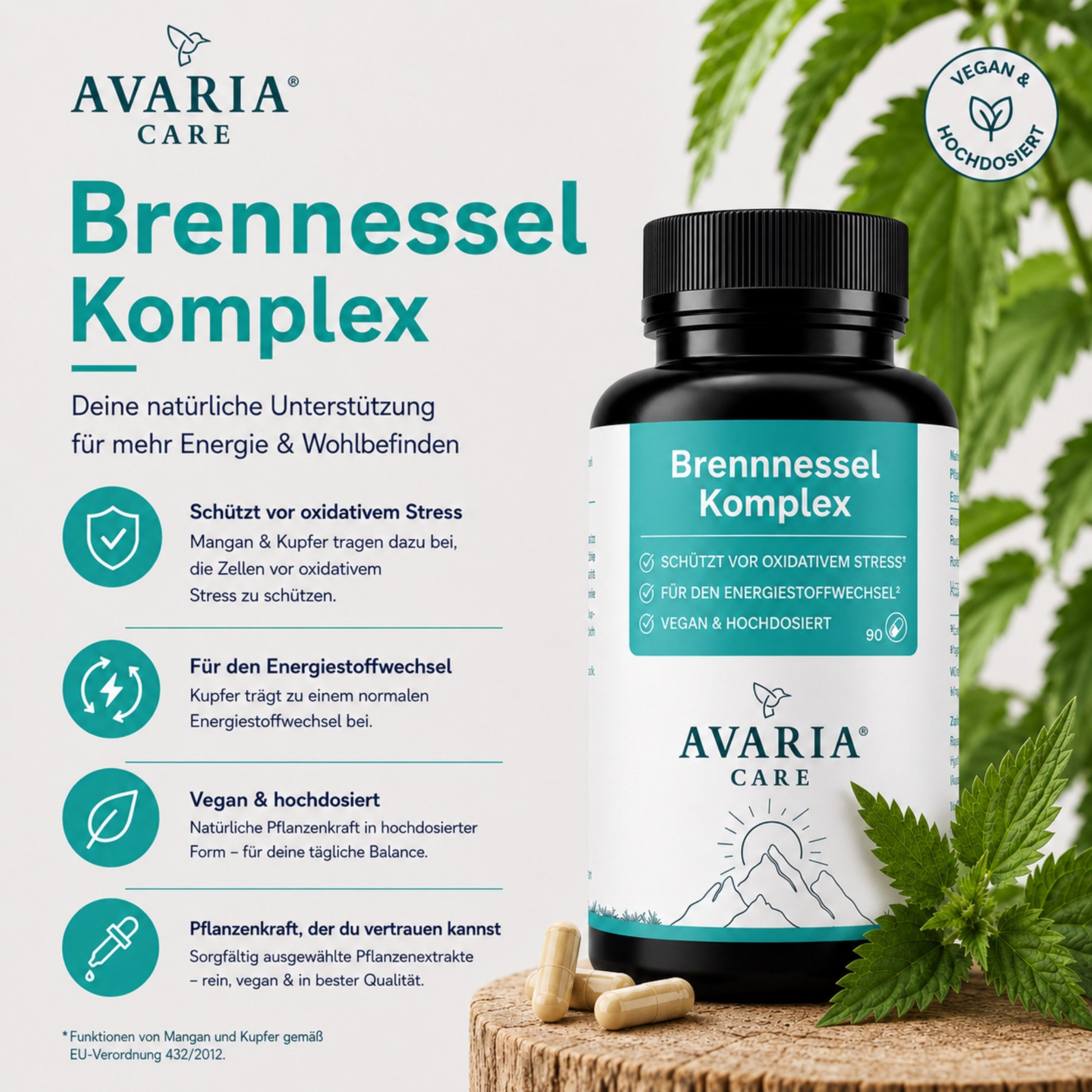 AVARIA CARE® Brennnessel Komplex Flasche mit Kapseln. Aufschrift: Brennnessel Komplex, vegan & hochdosiert. Grün-weißes Etikett.