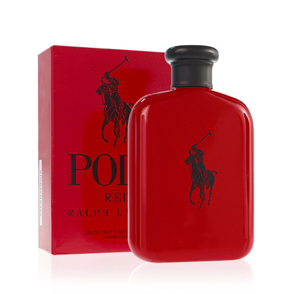 Roter Flakon mit schwarzem Verschluss und Logo. Daneben eine rote Schachtel mit Logo und Schriftzug Polo Red.