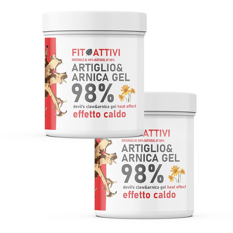Zwei weiße Tiegel mit rotem Streifen. Aufschrift: Artiglio & Arnica Gel, 98%, effetto caldo. Marke: Fit Attivi.