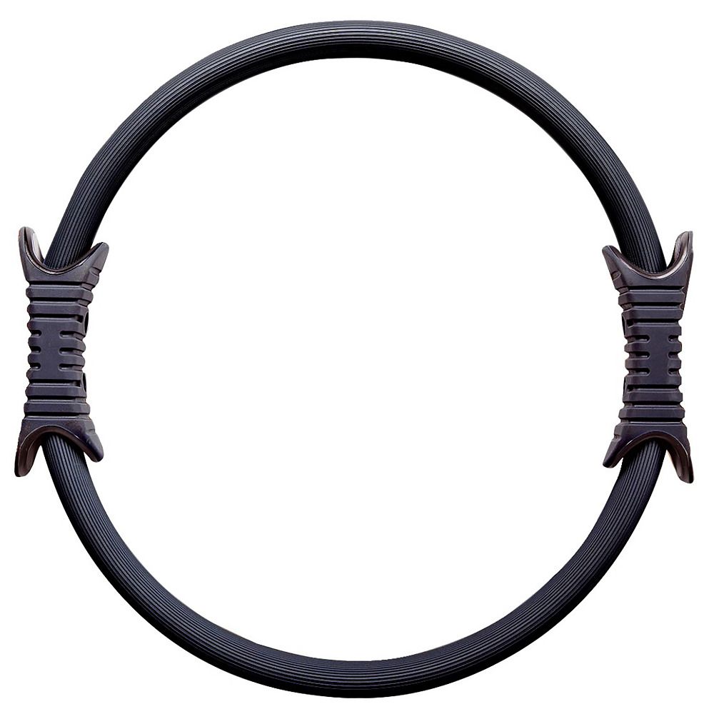 Schwarzer Pilates-Ring mit zwei Griffen. Ringförmig, aus flexiblem Material. Griffe an gegenüberliegenden Seiten.