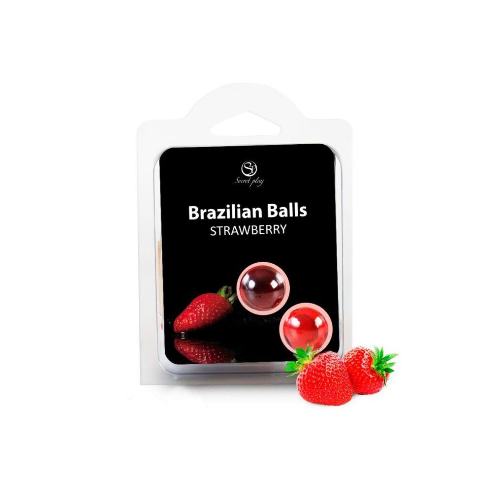 Verpackung mit zwei roten, runden Brazilian Balls Erdbeere. Daneben Erdbeeren und zwei weitere Kugeln.