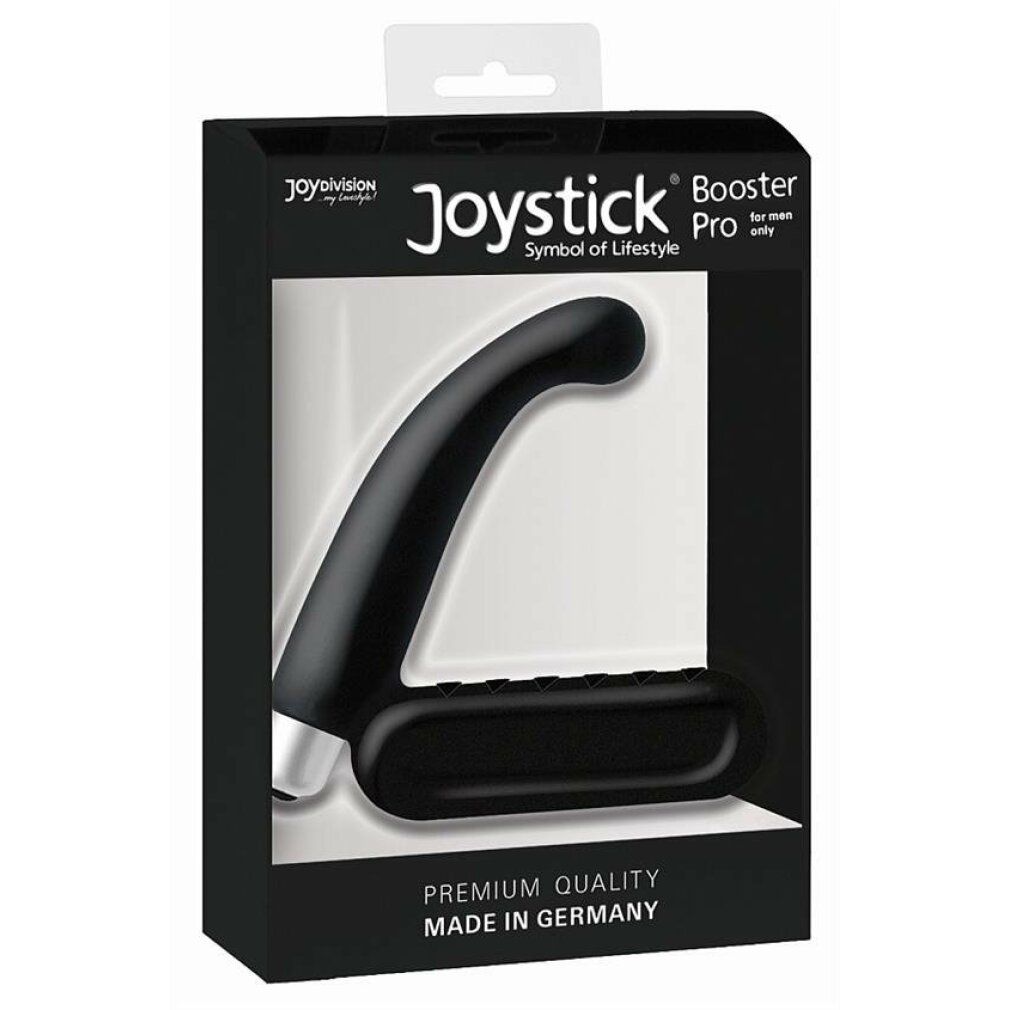Verpackung mit schwarzem Wellness-Produkt. Produktname: Joystick Booster Pro. Aufschrift: Premium Quality, Made in Germany.