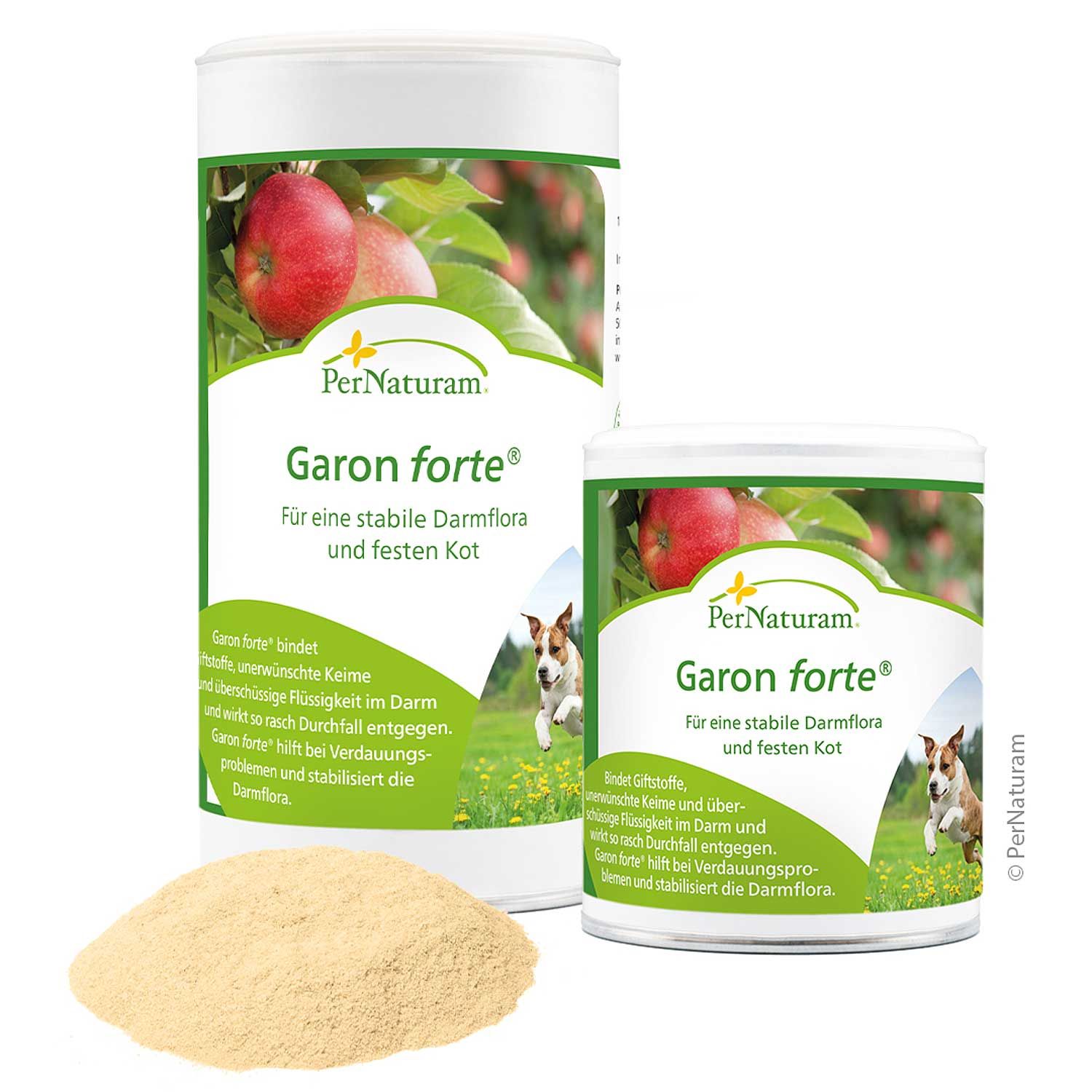 Zwei weiße zylindrische Behältnisse mit grünem Etikett. Aufschrift: Garon forte. Abbildung: Äpfel, Hund, Text. Pulver.