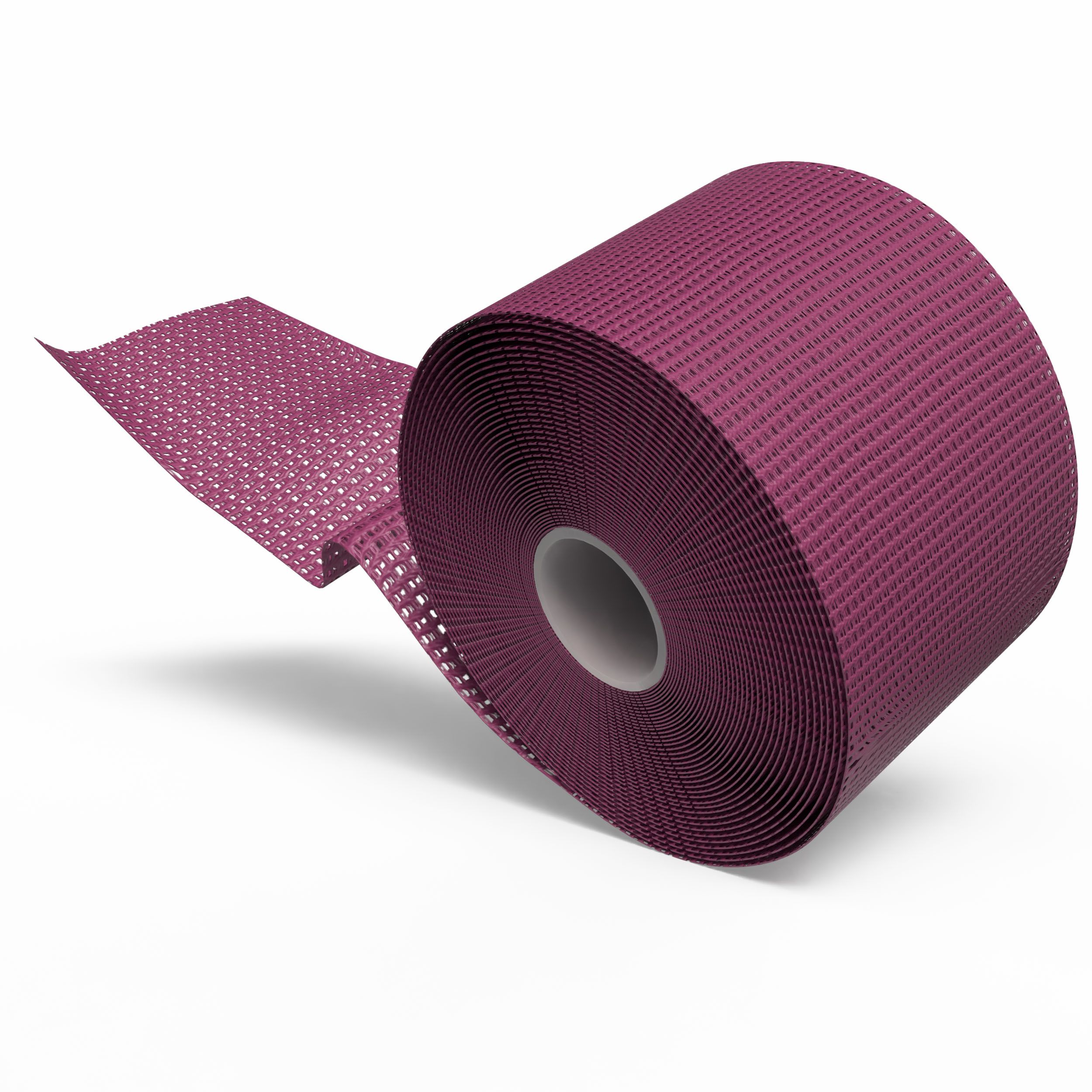 Violette, selbsthaftende Bandage. Aufgerollt, mit perforierter Oberfläche. Weißer Kern. Auf hellem Hintergrund.