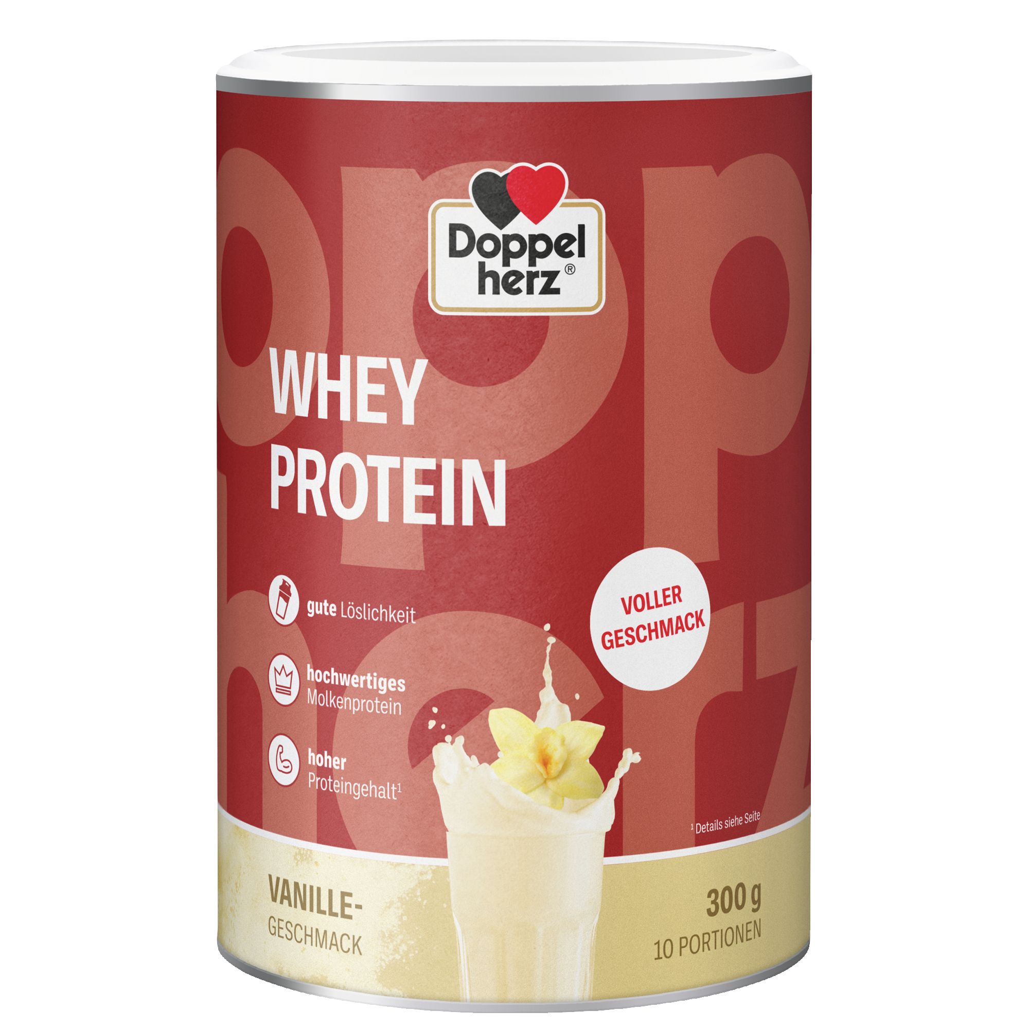 Dose Doppelherz WHEY PROTEIN Vanille. Rote Dose mit Logo und Produktinformationen. 300g, 10 Portionen.