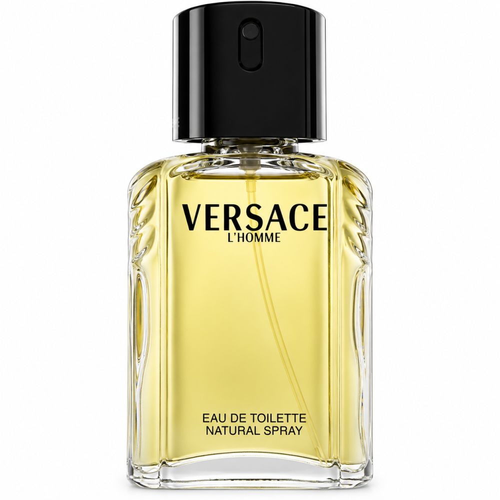 Versace L'Homme Eau de Toilette Flakon mit schwarzem Verschluss.