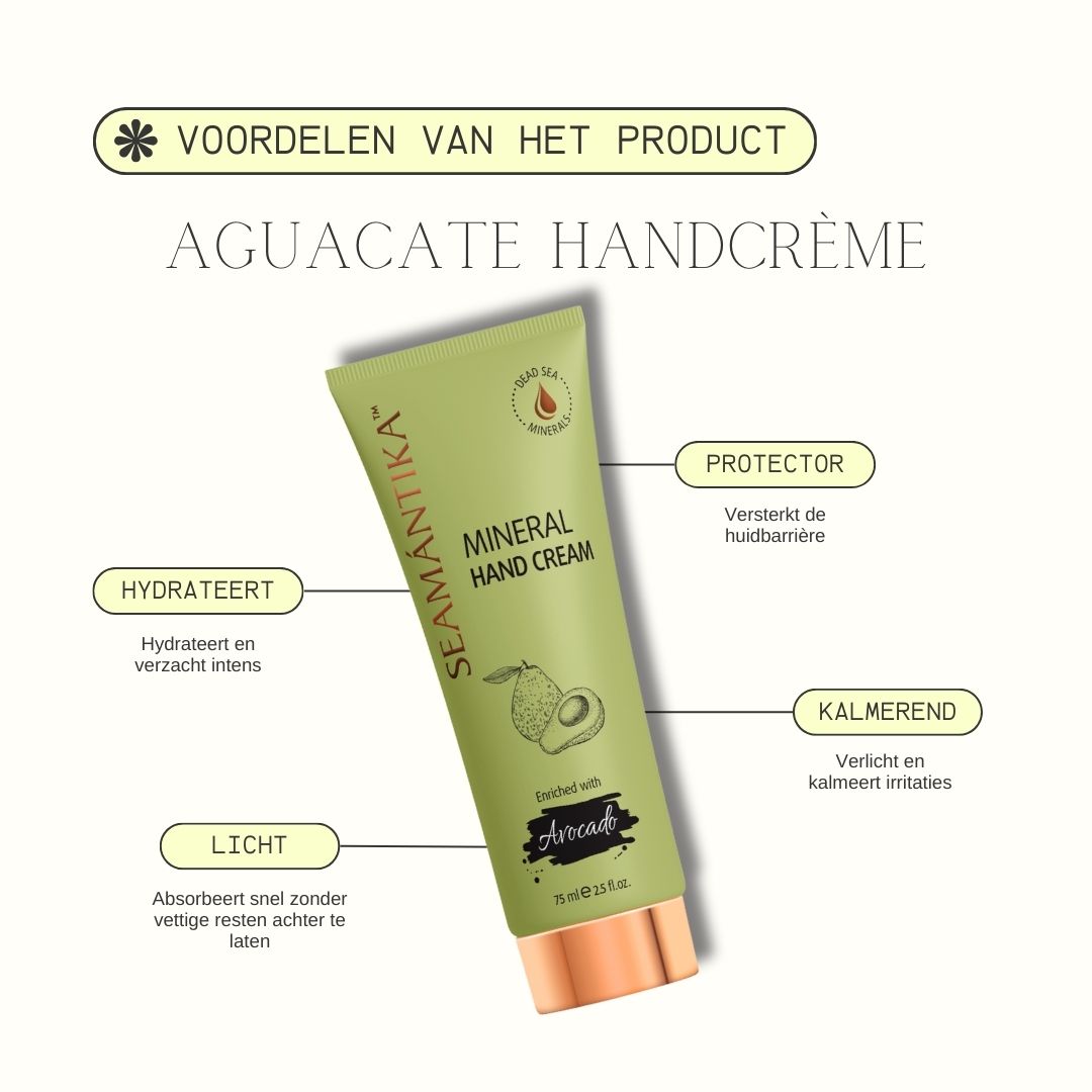 Groene tube avocado handcrème. Tekst: SEAMANTIKA, Mineral Hand Cream. Voordelen: beschermend, kalmerend, licht, hydraterend.