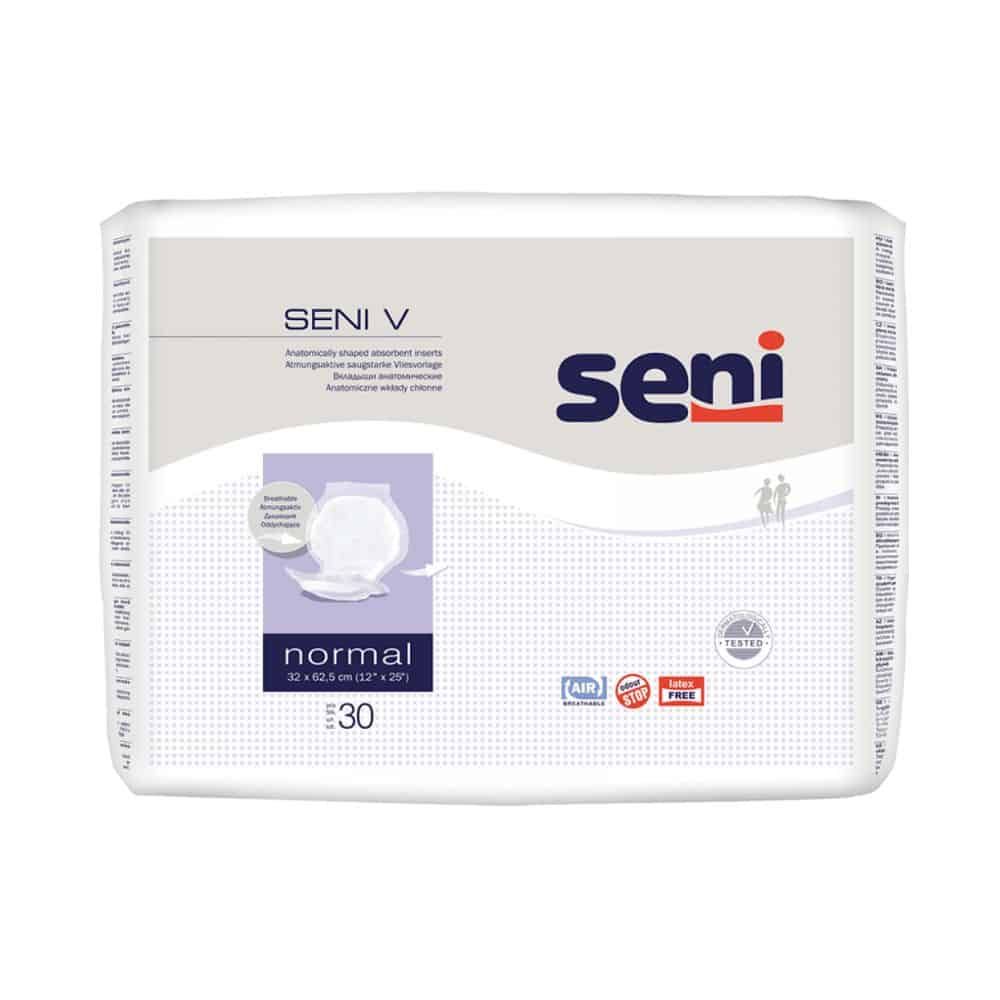Verpackung mit Seni V normal Vliesvorlagen. Anatomisch geformt. 30 Stück. Marke Seni. Mit Zertifizierungen und Logos.