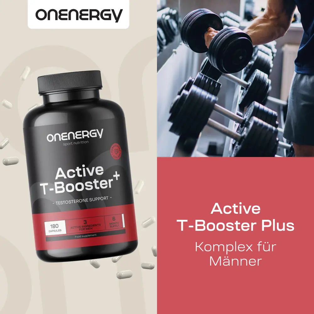 Dose OnEnergy Active T-Booster Plus neben Hanteln im Fitnessstudio. "Komplex für Männer."