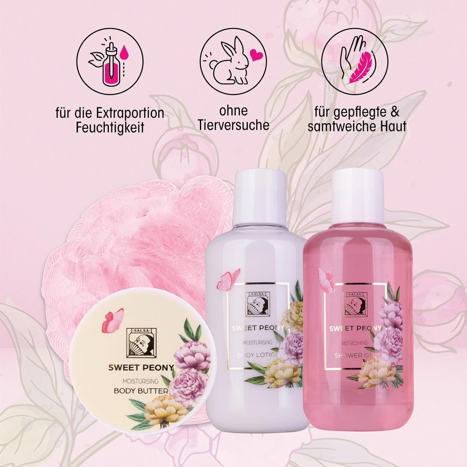 Drei Produkte: Bodylotion, Duschgel und Bodybutter. Florales Design. Ohne Tierversuche. Für Feuchtigkeit und weiche Haut.