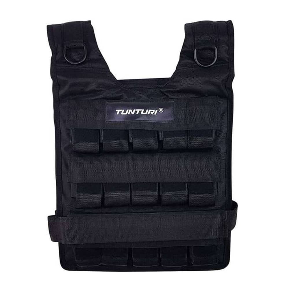 Schwarze Gewichtsweste mit dem Logo "Tunturi". Die Weste hat mehrere Taschen und verstellbare Gurte.