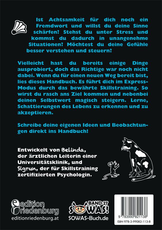 Buchrückseite: Text über Achtsamkeit und Skillstraining. Illustrationen von Katze, Maus und Federball.