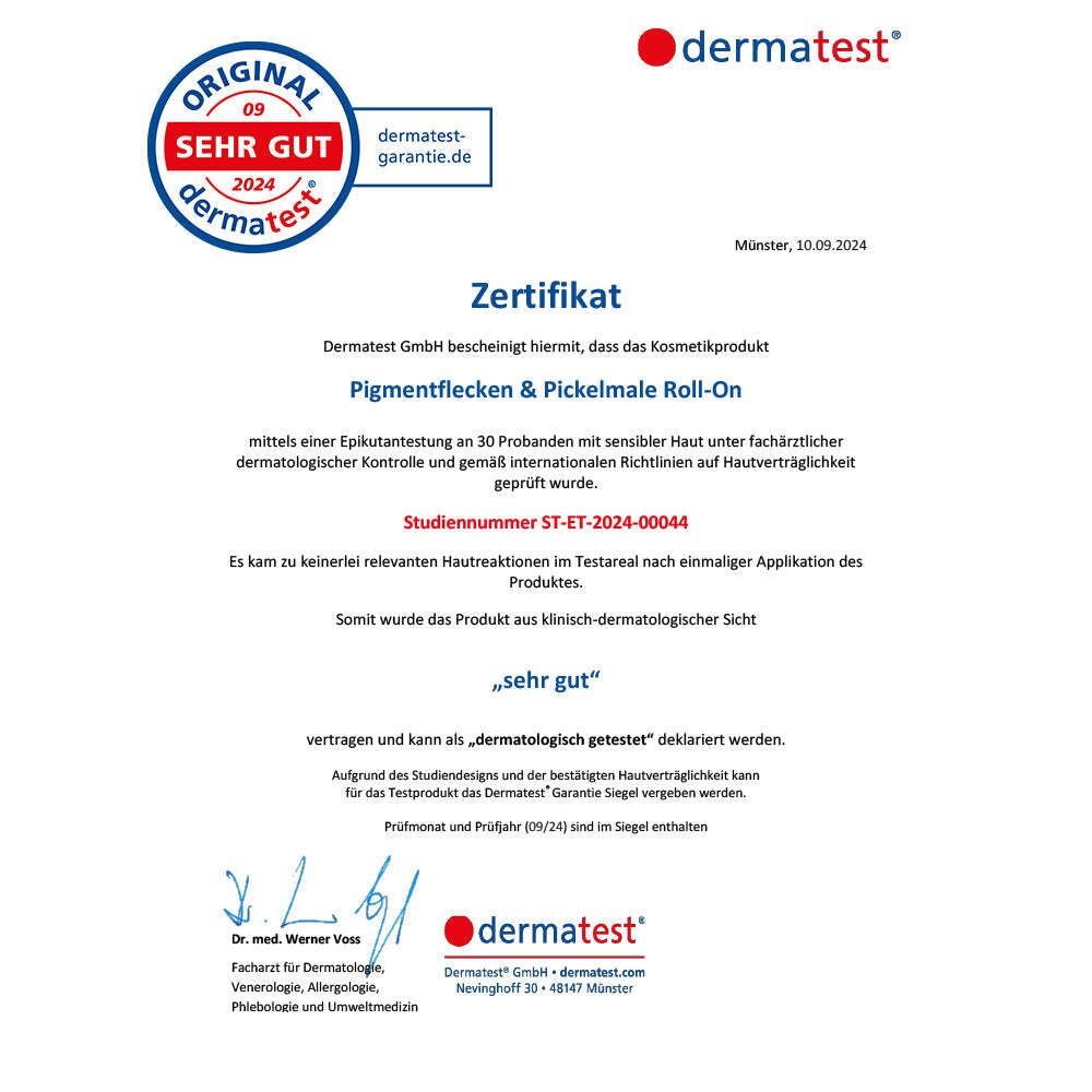 Zertifikat von Dermatest: Pigmentflecken & Pickelmale Roll-On, dermatologisch getestet, sehr gut. Gütesiegel.
