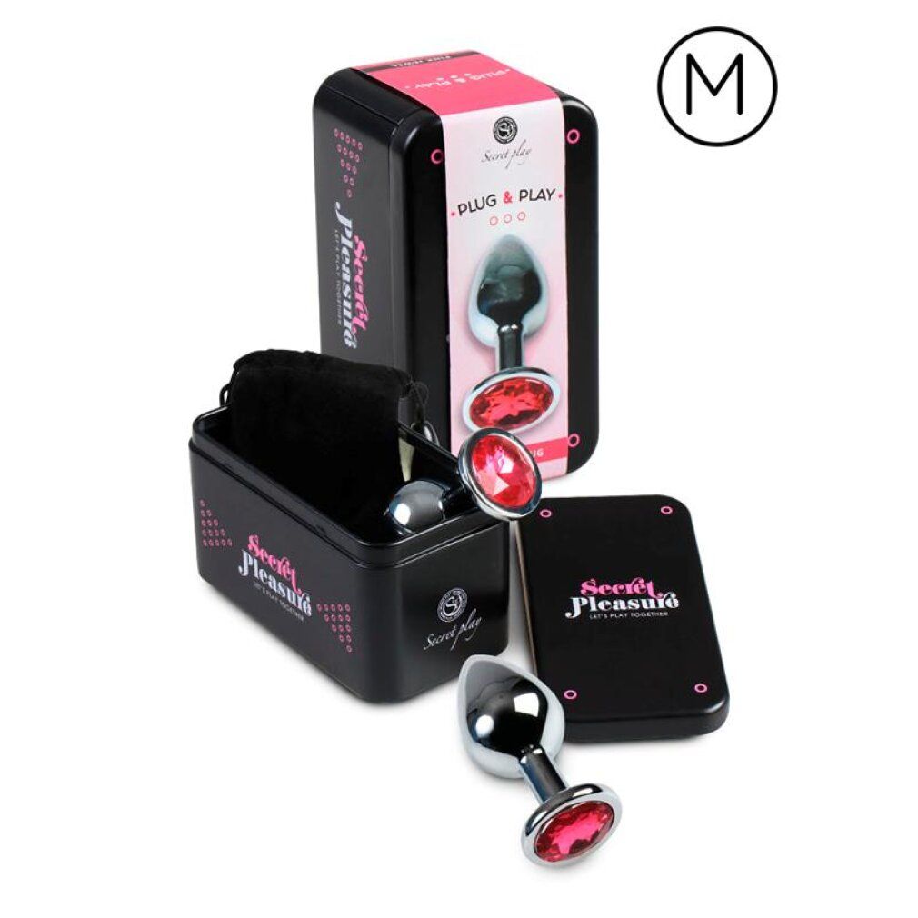 Analplug-Set in Metallbox: Ein Plug mit rotem Stein, ein weiterer Plug, Aufbewahrungsbeutel und Anleitung.