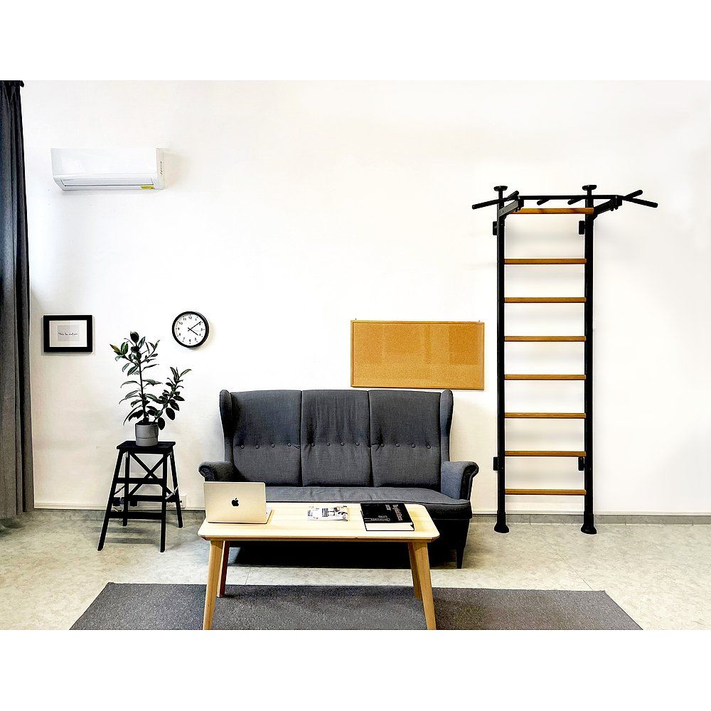 Fitness-System an Wand. Sprossenwand mit Klimmzugstange. Sofa, Tisch, Pflanze, Uhr, Laptop.
