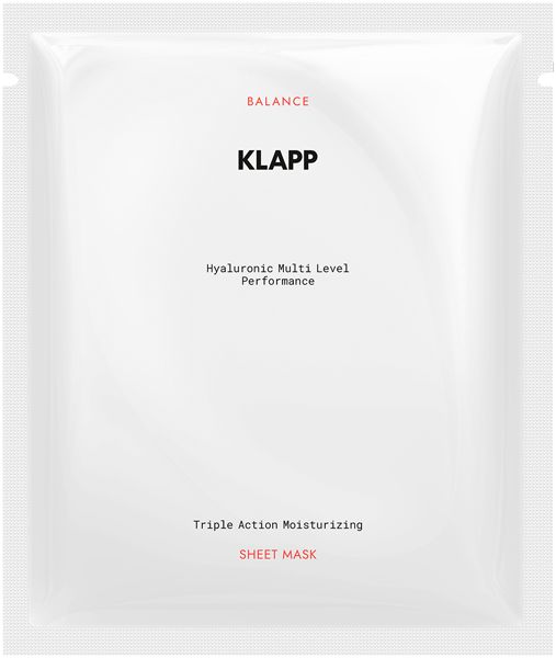 Einzelne, transparente Verpackung mit Produktinformationen. Schriftzug: KLAPP, Hyaluronic Multi Level Performance, Sheet Mask.