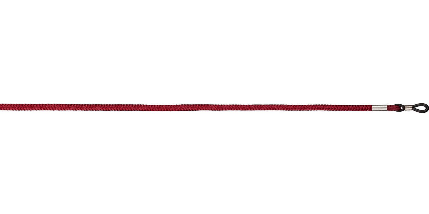 Burgunderfarbenes Brillenband. Seil mit Metallschlaufe zur Befestigung an Brillenbügeln.