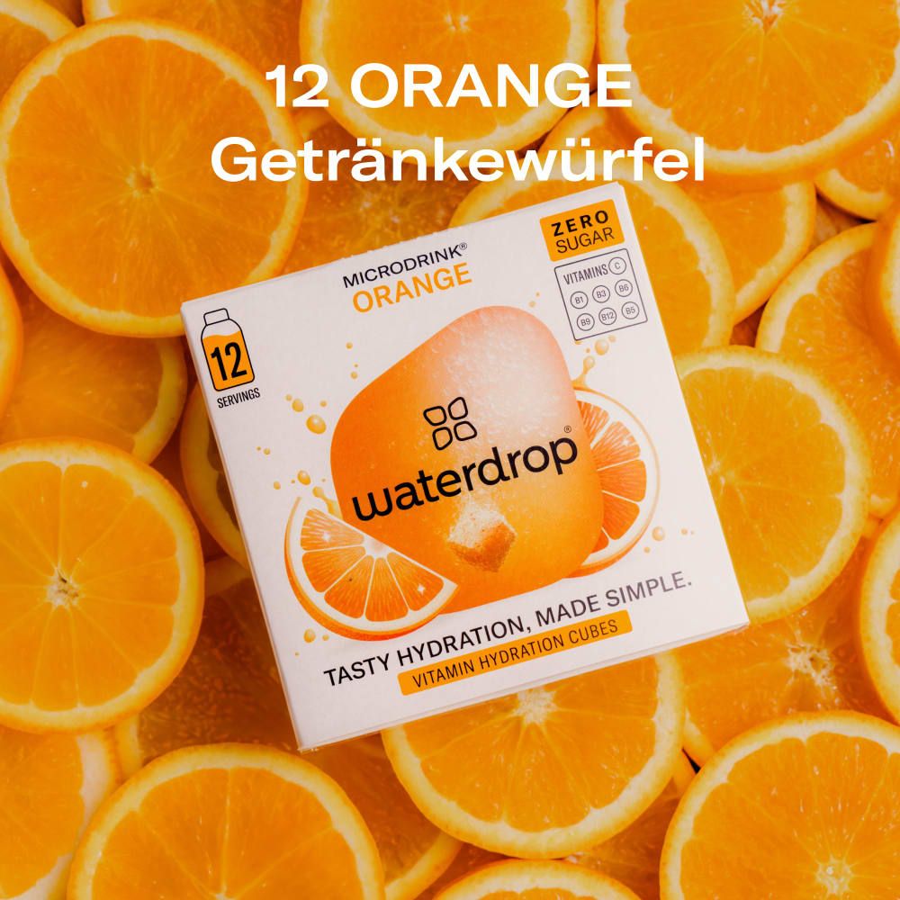 Verpackung von waterdrop® Microdrink Orange, 12 zuckerfreie Getränkewürfel mit Vitaminen.