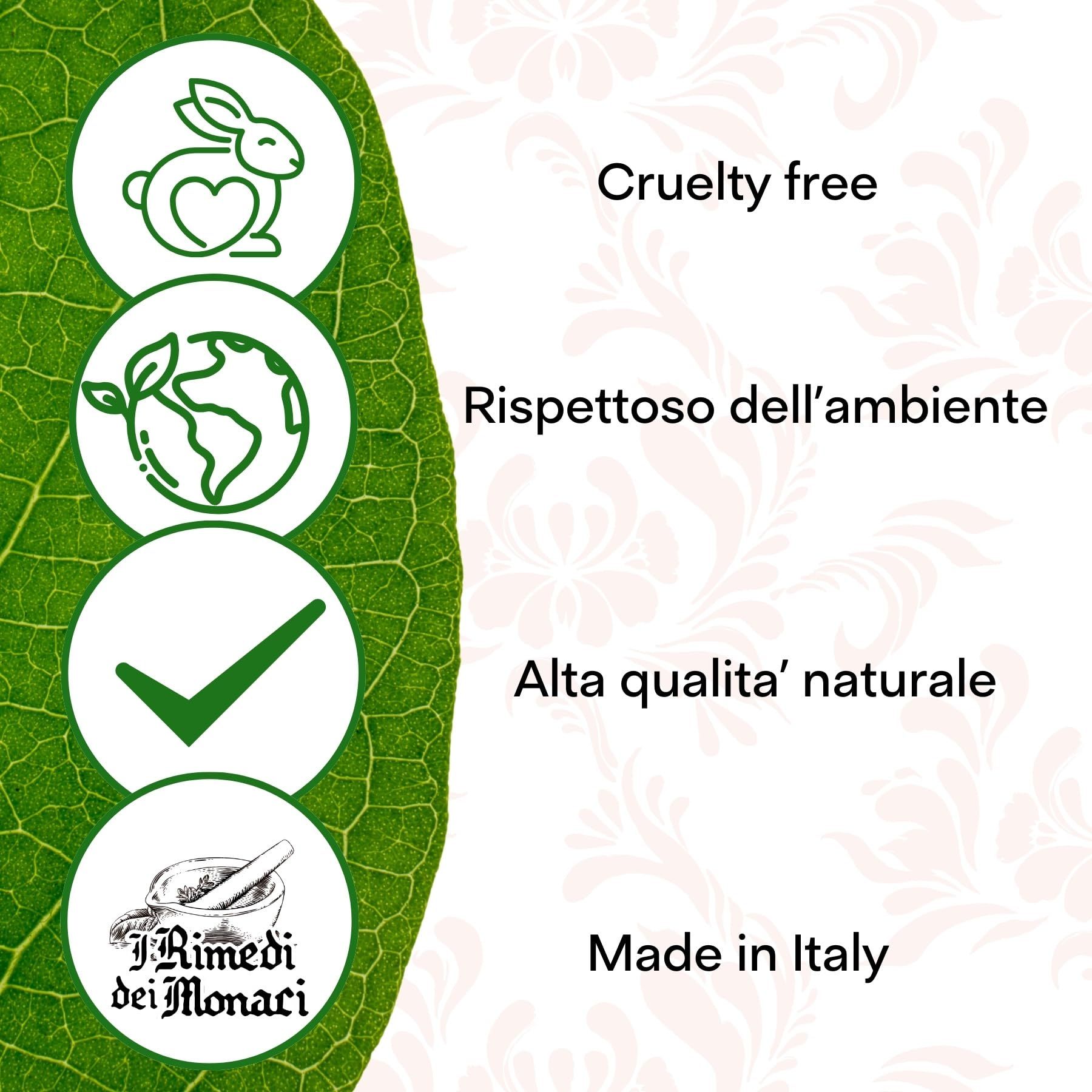 Kreisförmige Symbole mit Text. Cruelty free, Umweltfreundlich, Hohe natürliche Qualität, Made in Italy. Logo: I Rimedi dei Monaci.