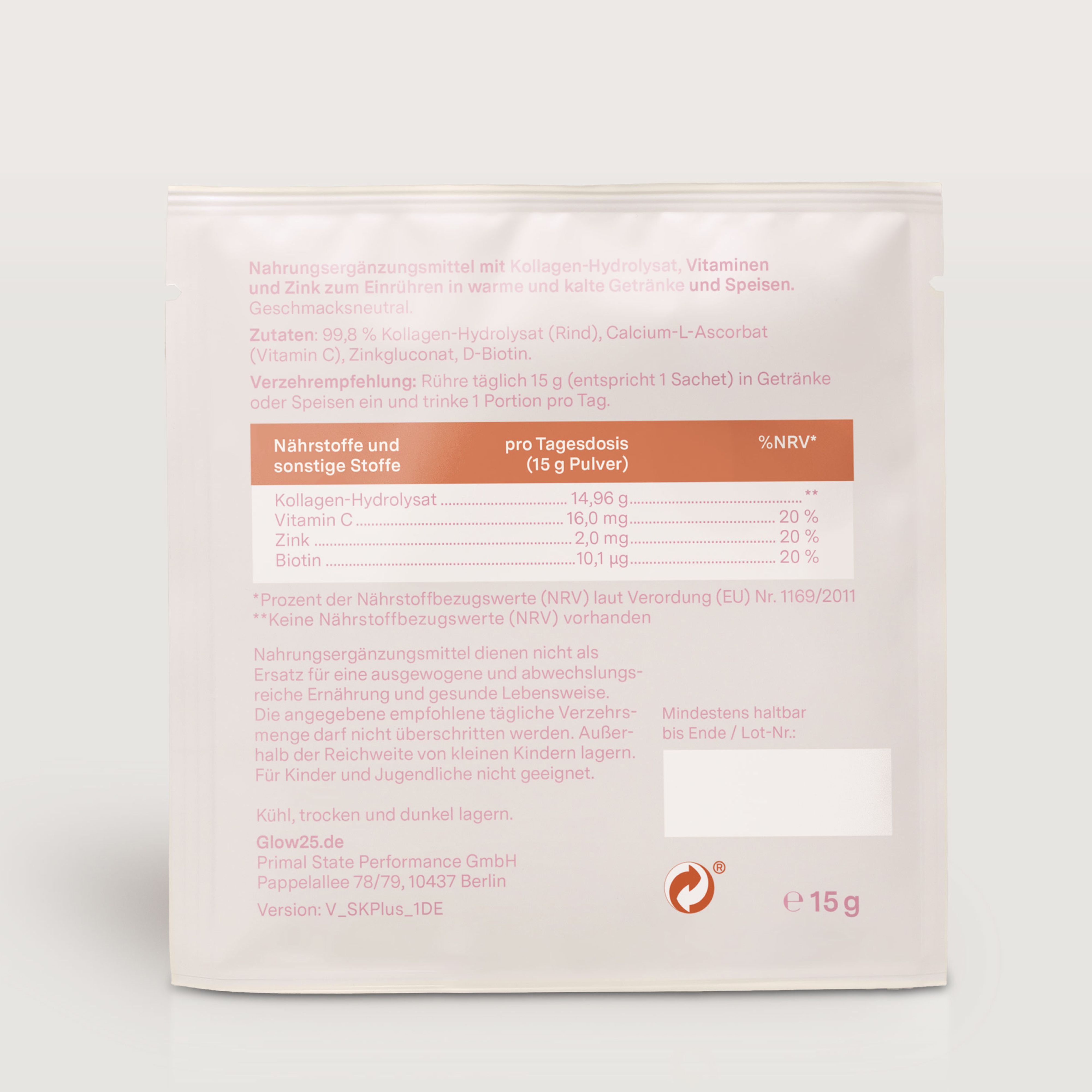 Rückseite eines Kollagen Plus Sachets. Nährwerttabelle und Inhaltsstoffe. Text: Glow25.