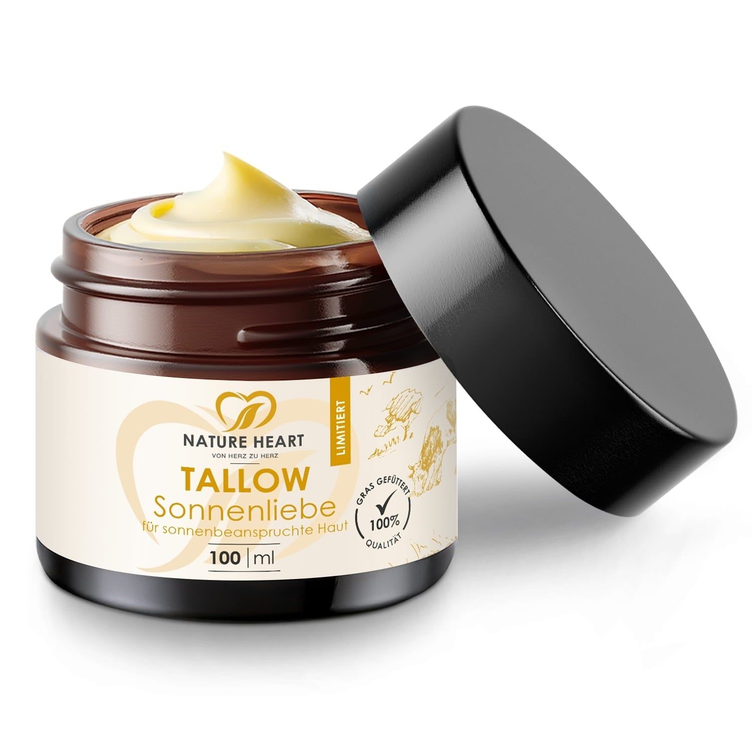 Braune Tiegel mit gelblicher Creme. Deckel daneben. Aufschrift: Tallow Sonnenliebe, Nature Heart. 100ml.