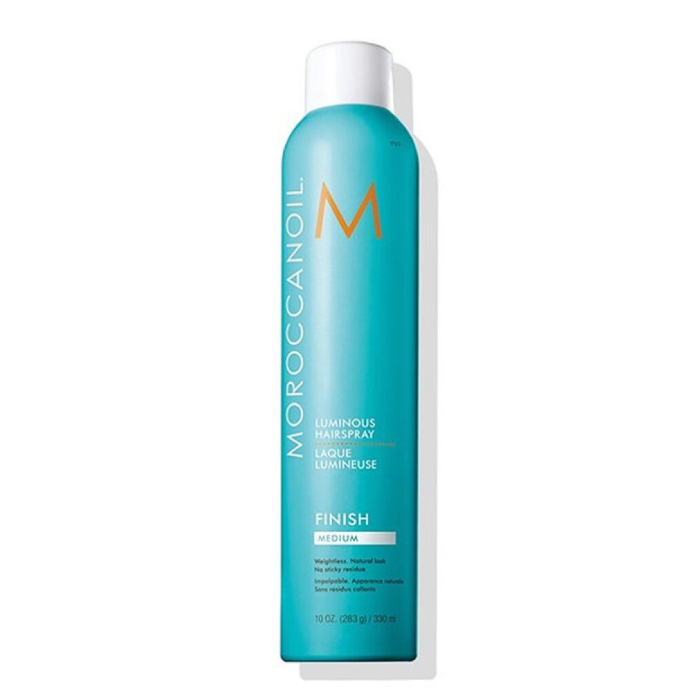 Türkisgrüne Haarspray-Flasche mit weißem Deckel. Aufschrift: Moroccanoil, Luminous Hairspray, Finish Medium.