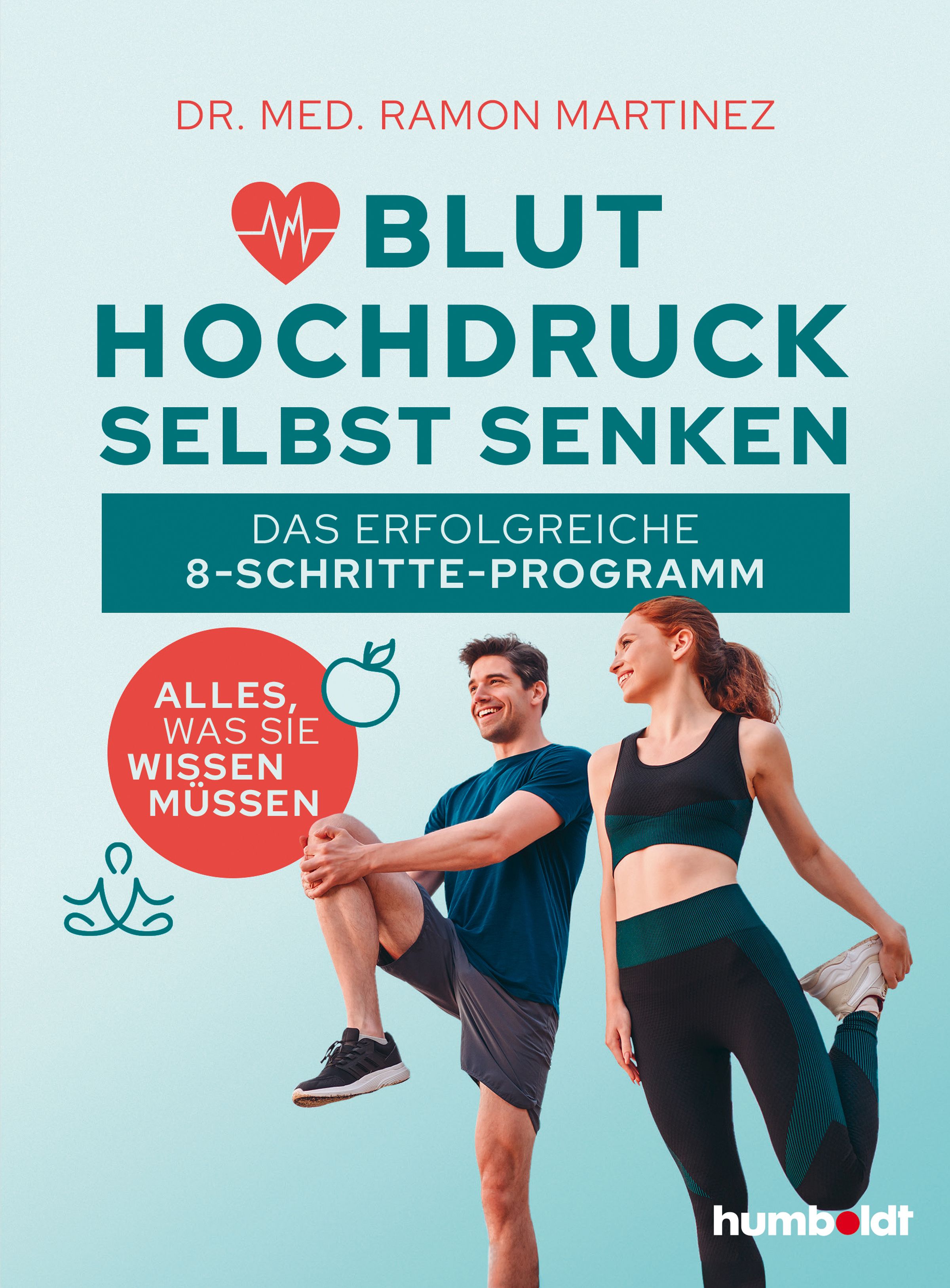 Buchcover mit Titel: Bluthochdruck selbst senken. Abgebildet sind zwei Personen beim Dehnen. Logo: humboldt.