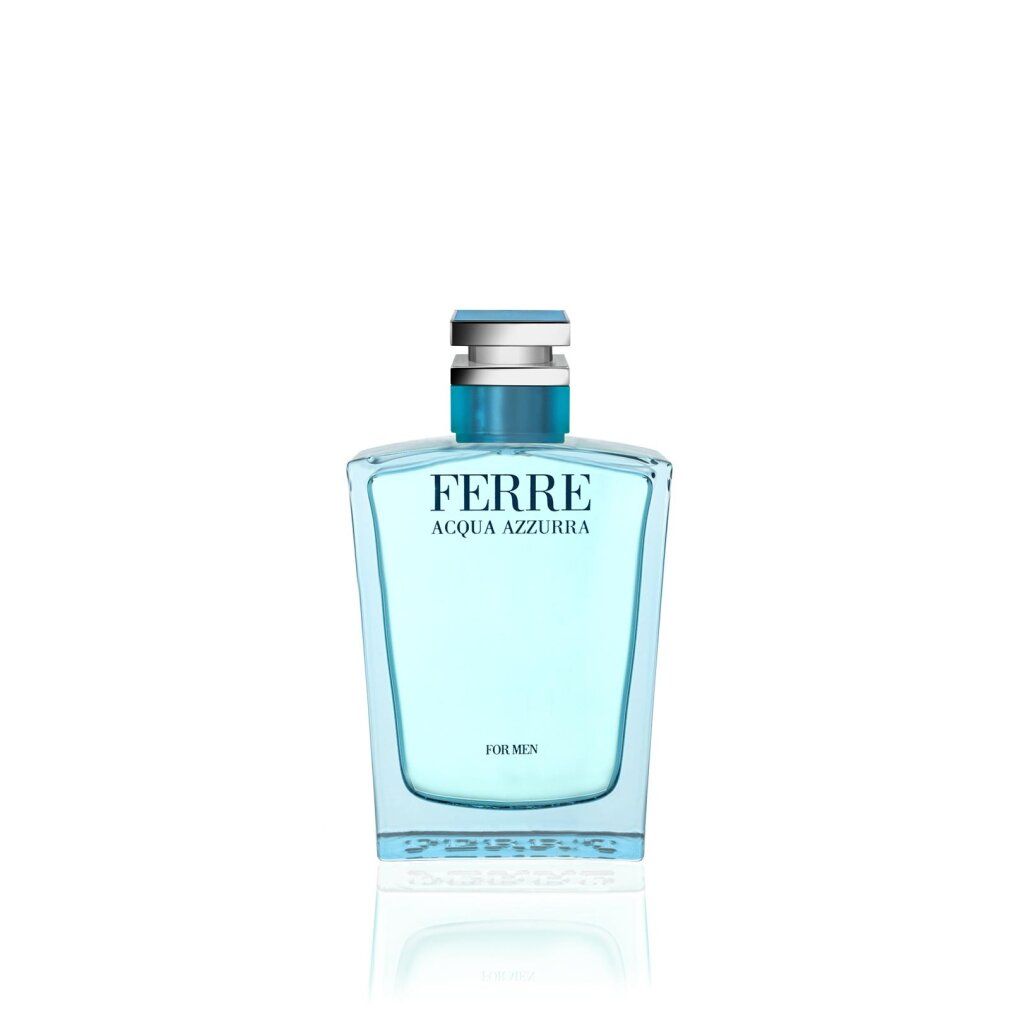 Hellblaues Parfümflakon. Aufschrift: FERRE, ACQUA AZZURRA, FOR MEN. Flakon mit silbernem Deckel.