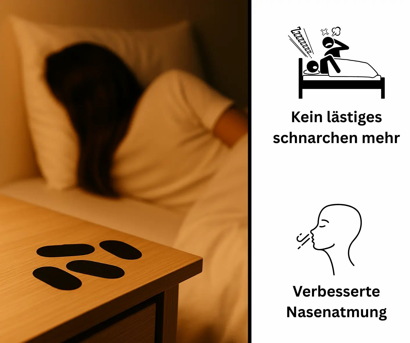 Nachttisch mit 4 schwarzen, ovalen Pflastern. Im Hintergrund schläft eine Person.