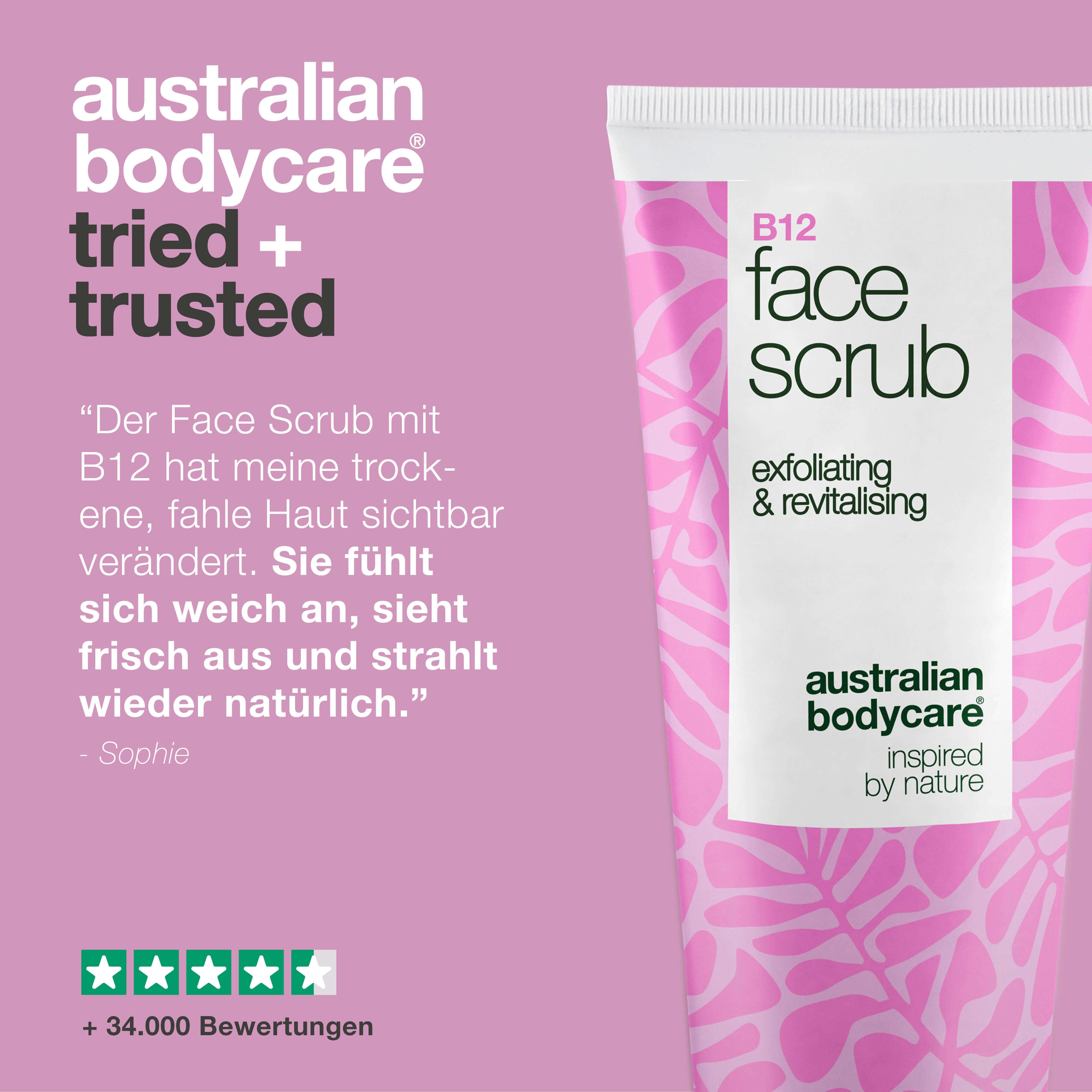 Face Scrub B12. Zitat: Meine trockene, fahle Haut hat sich verändert. Sie fühlt sich weich an, strahlt wieder natürlich.