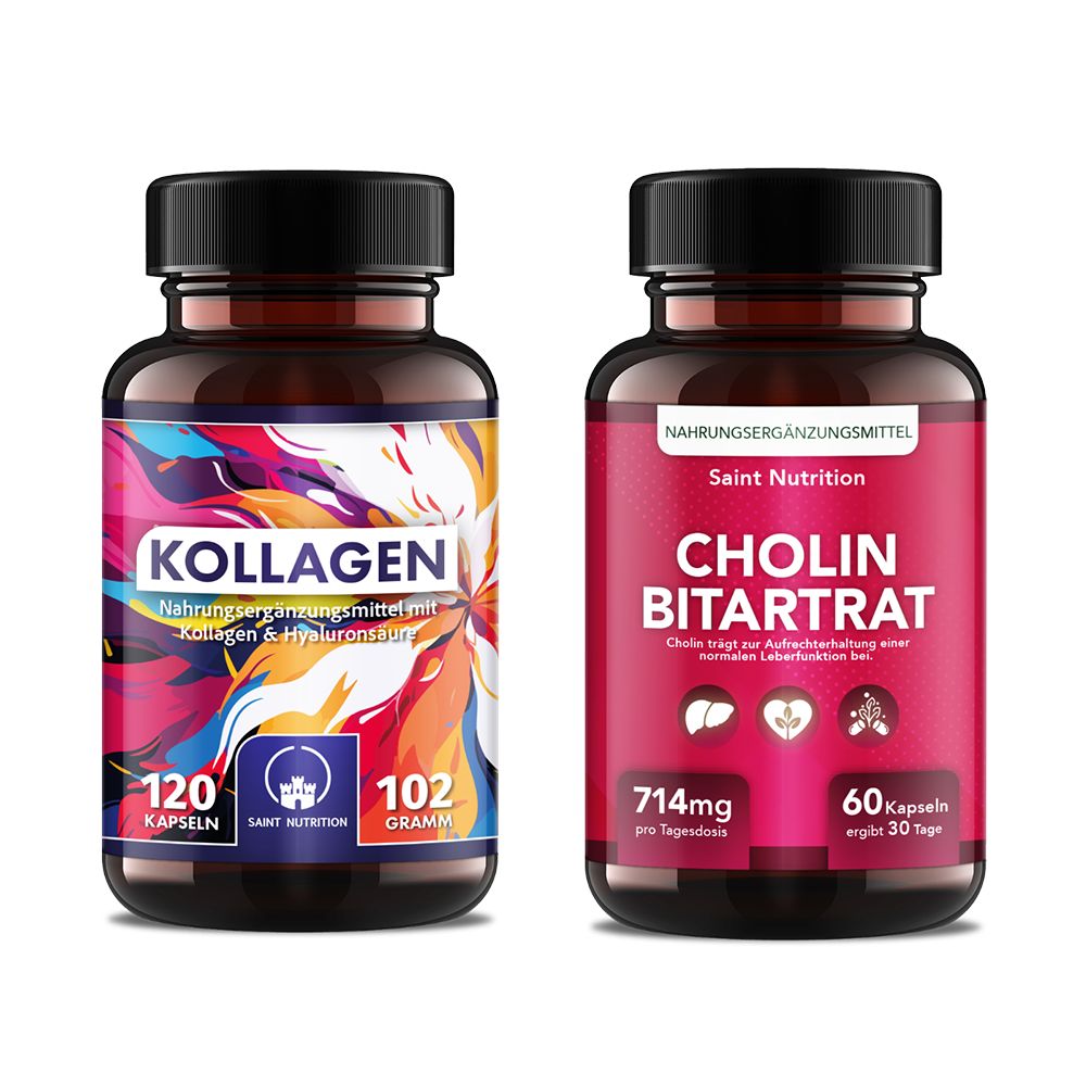 Zwei Flaschen Nahrungsergänzungsmittel. Links: Kollagen, 120 Kapseln. Rechts: Cholin Bitartrat, 60 Kapseln. Beide mit schwarzen Deckeln.