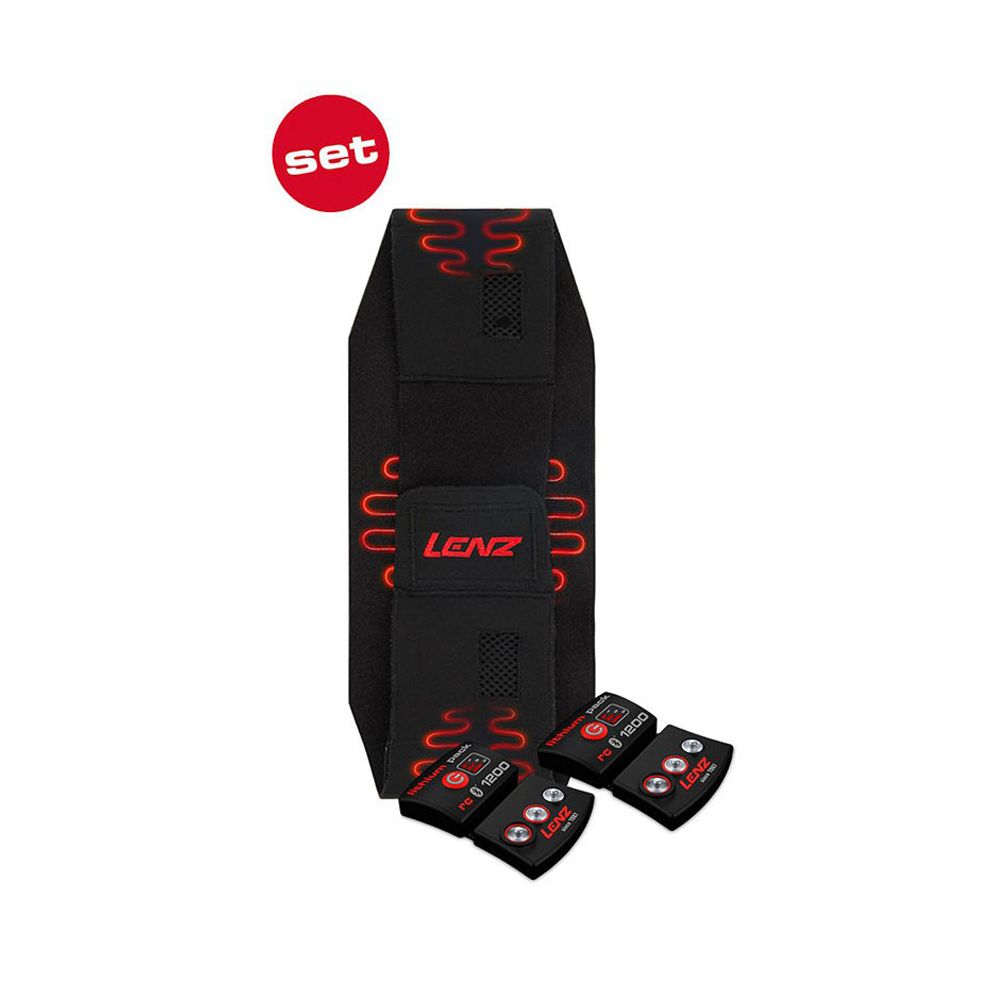 Schwarze Rückenbandage mit LENZ-Logo und drei Akkus. Rotes 'set' Symbol.