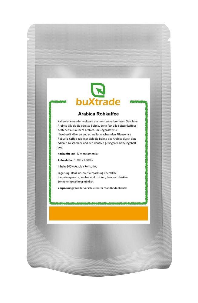 Verpackung von buXtrade Arabica Rohkaffee. Weißer Beutel mit Etikett. Text in Deutsch.