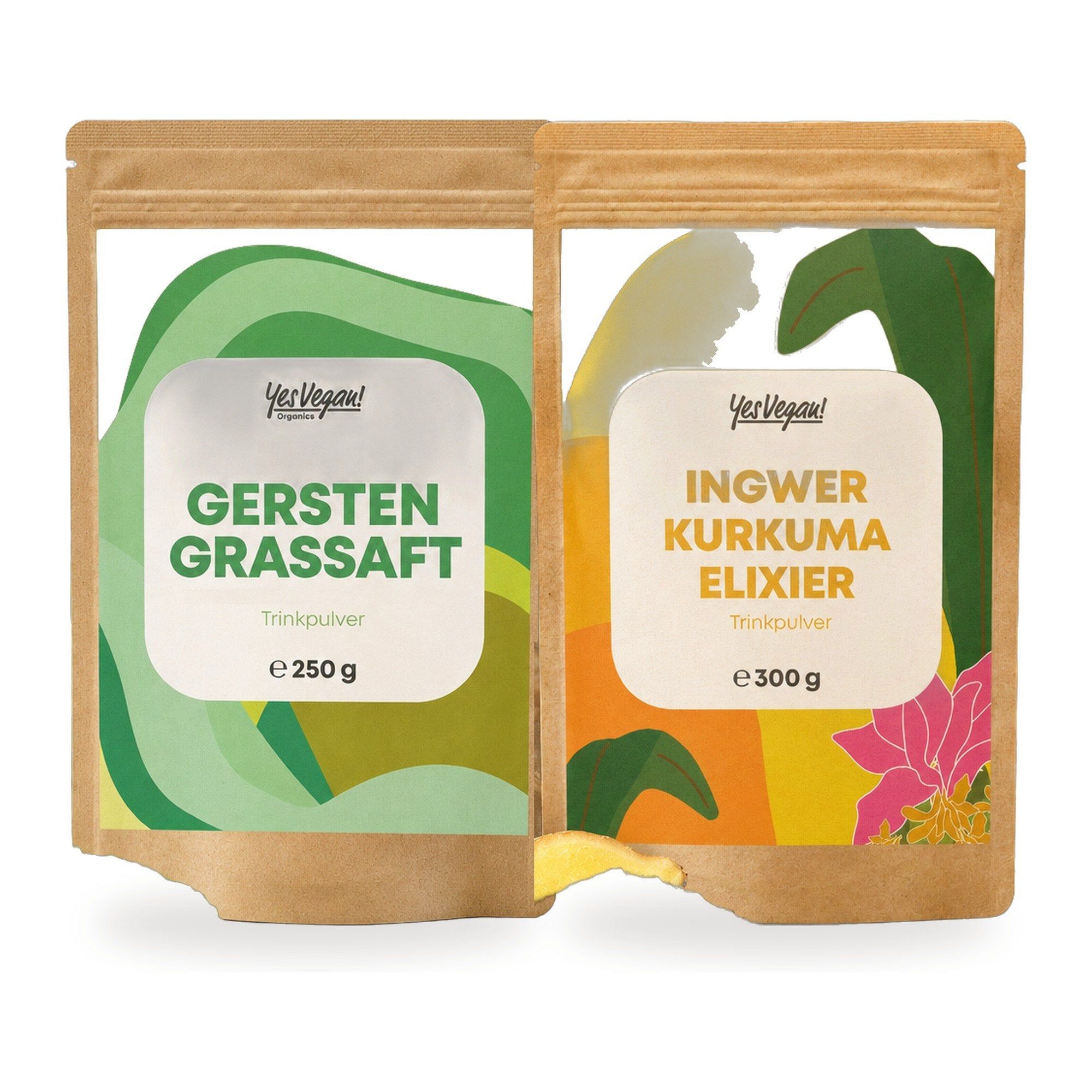 Zwei Beutel "Yes Vegan!" Trinkpulver: Gerstengrassaft (250g) und Ingwer Kurkuma Elixier (300g).