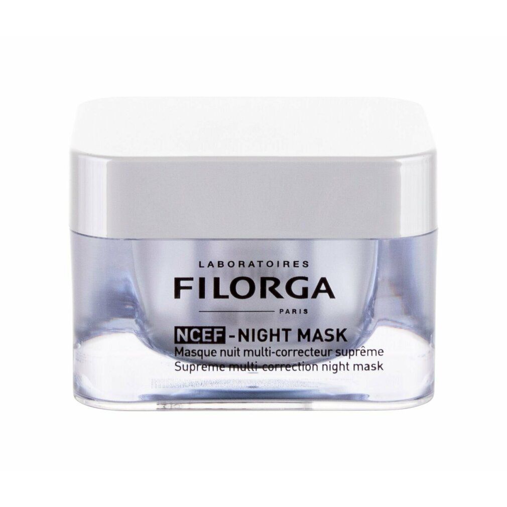 Tiegel mit silbernem Deckel. Aufschrift: Filorga, NCEF-Night Mask. Französische und englische Produktbezeichnungen.