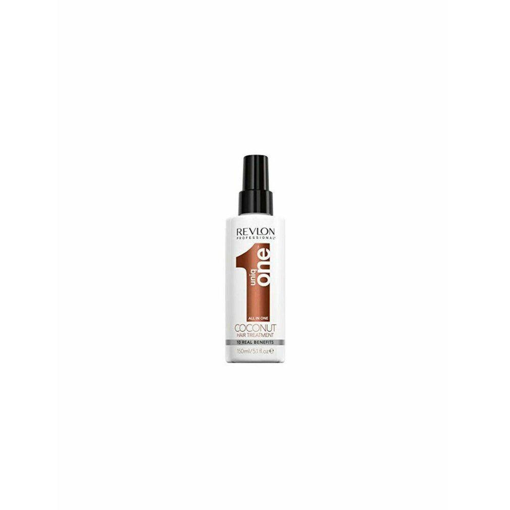 Weißes Spray mit schwarzem Sprühkopf. Aufschrift: Revlon Professional Uniq One Coconut Hair Treatment.