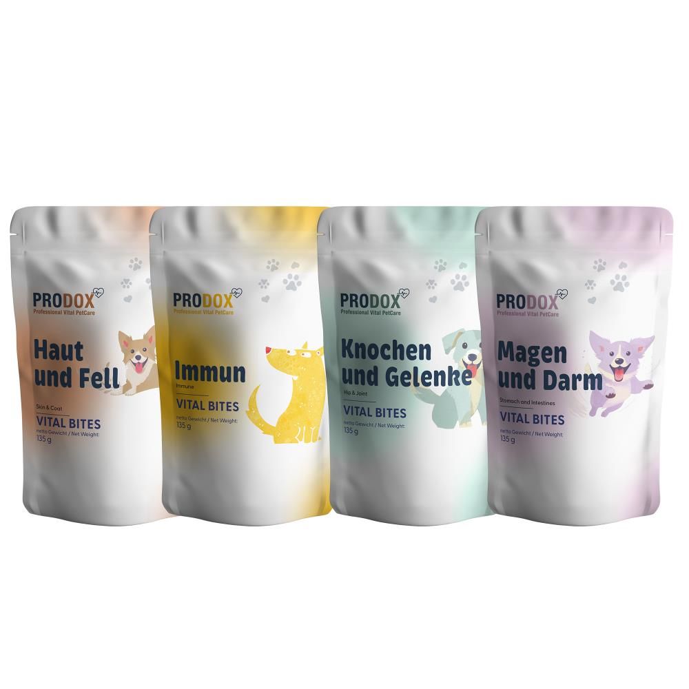 Vier Beutel PRODOX Vital Bites. Haut und Fell, Immun, Knochen und Gelenke, Magen und Darm. Verschiedene Farben.
