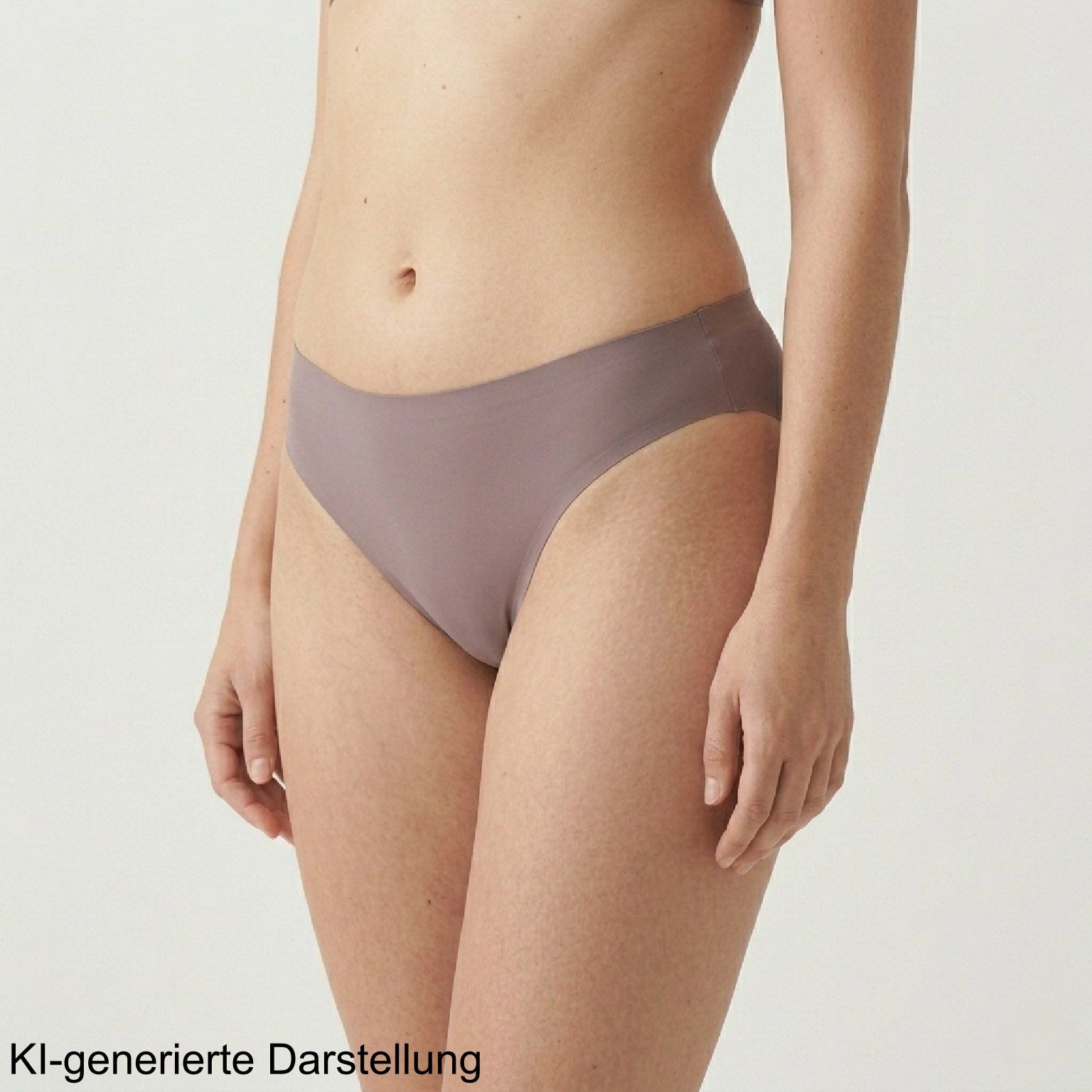 Periodenunterhose, Seitenansicht. Braun-grauer Slip mit hohem Beinausschnitt.