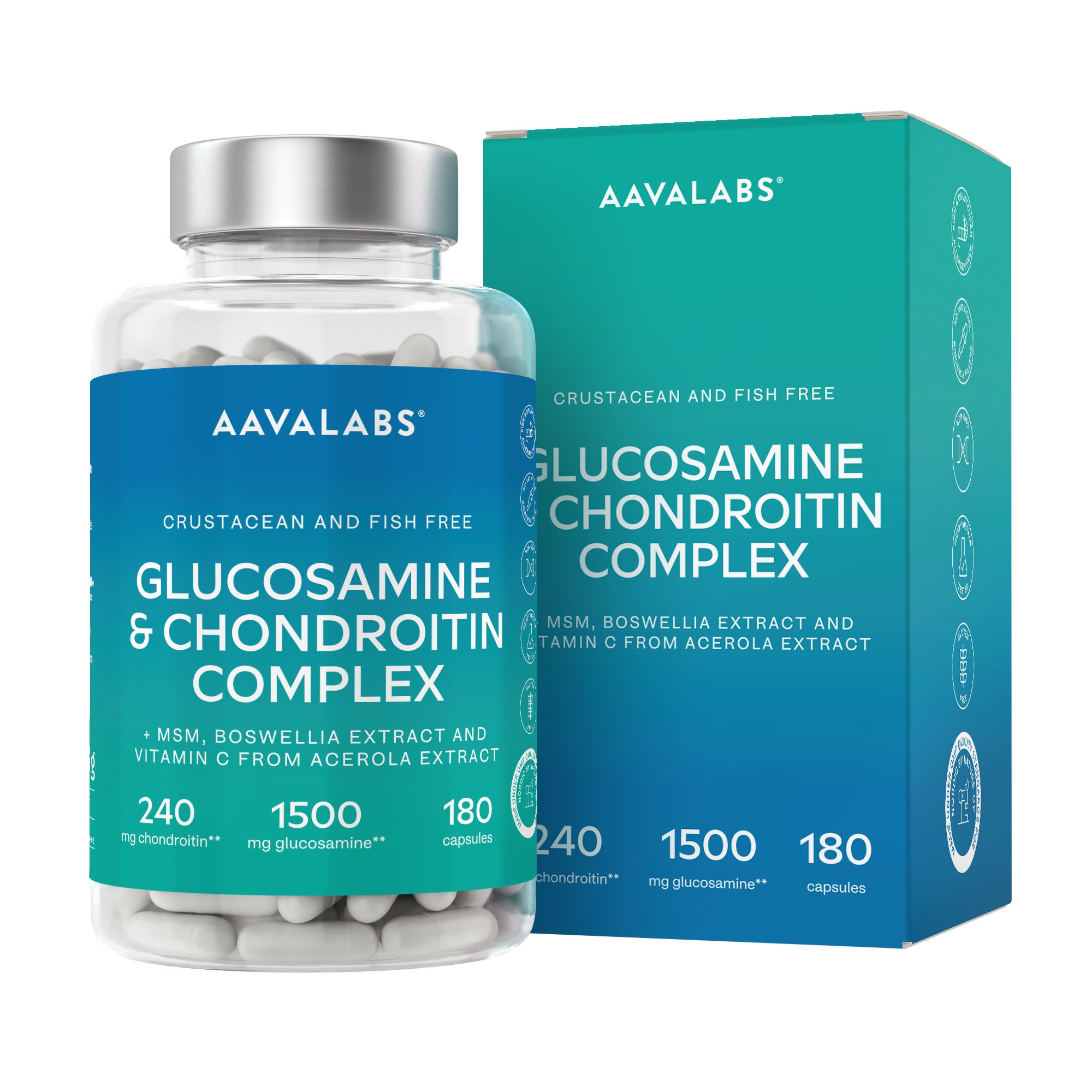 Aavalabs Glucosamin Chondroitin MSM Kapseln. Kapseln in einer transparenten Flasche und Schachtel. Blaue und grüne Verpackung.